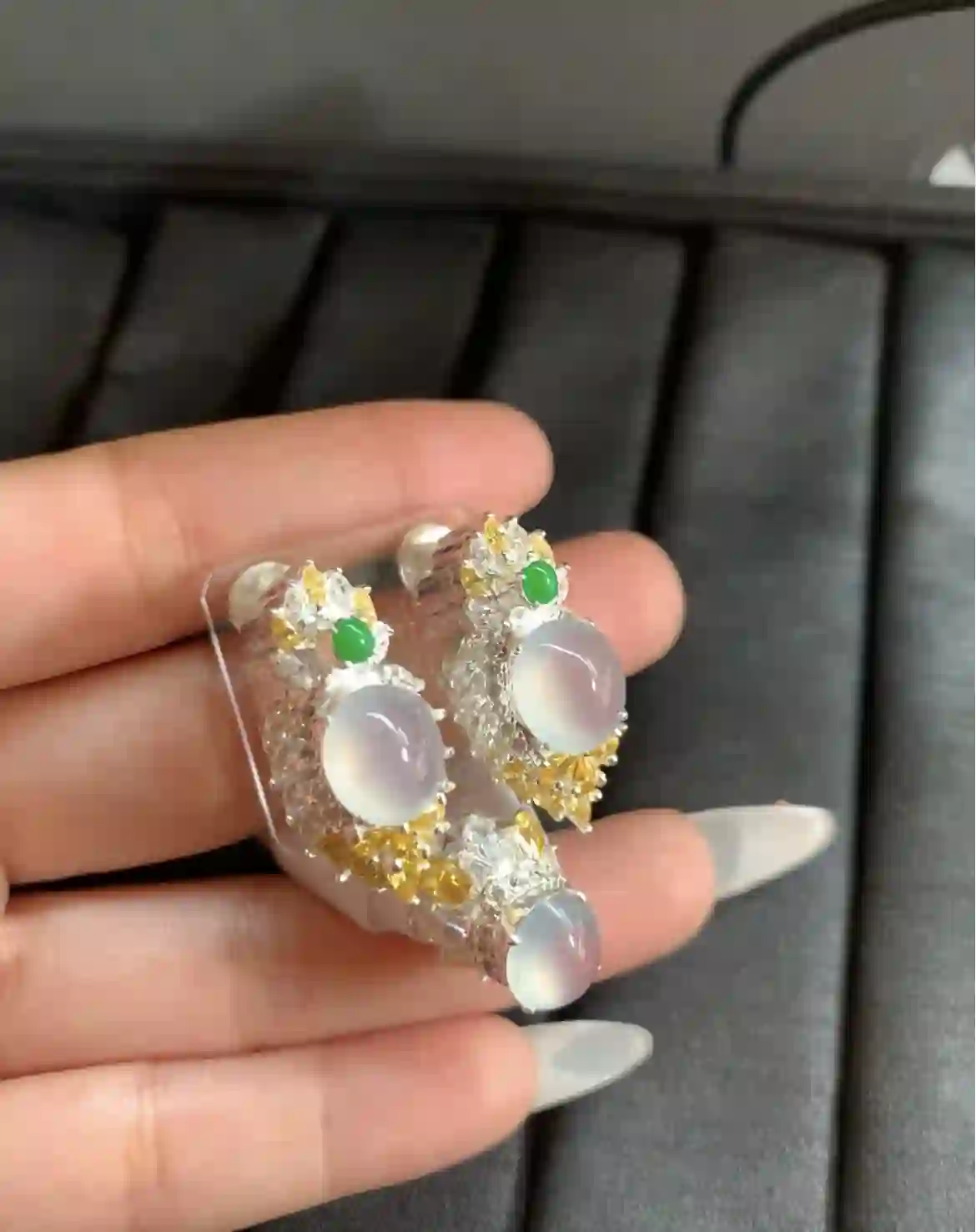 Icy White Jade with Gold and Green Accent Earrings, view 2 | Myanmar Jadeite reference #2010001