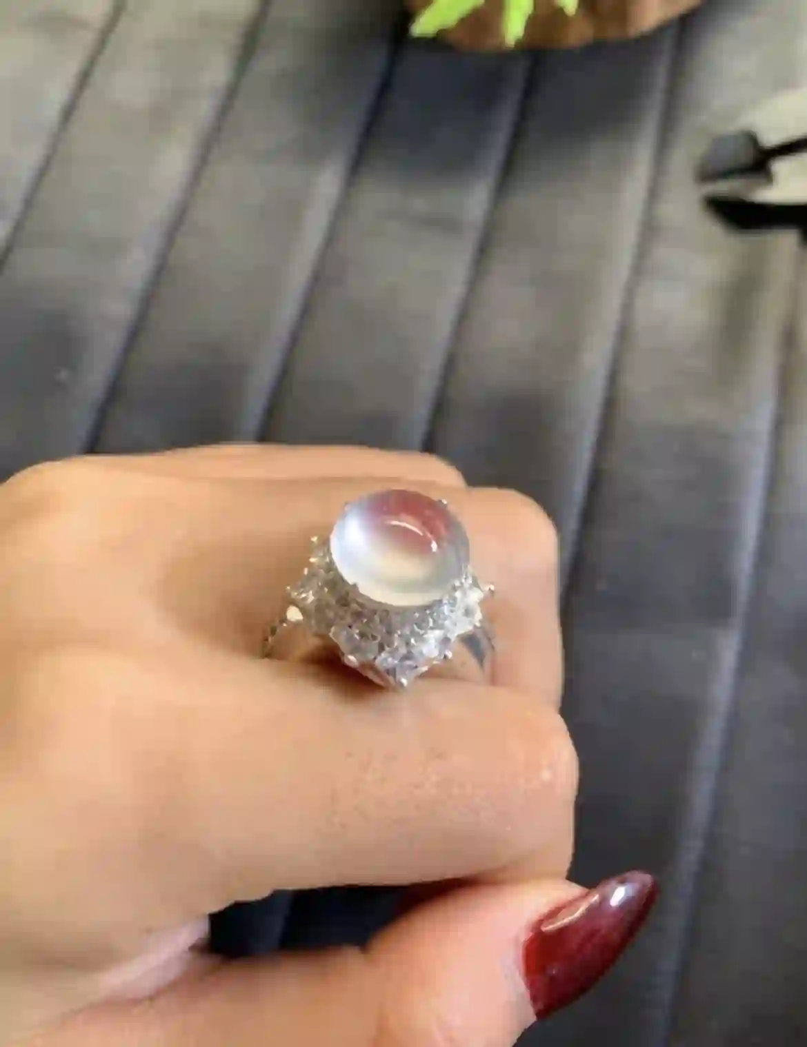 Icy Glassy White Jade Cabochon Halo Ring, view 2 | Myanmar Jadeite reference #2850005