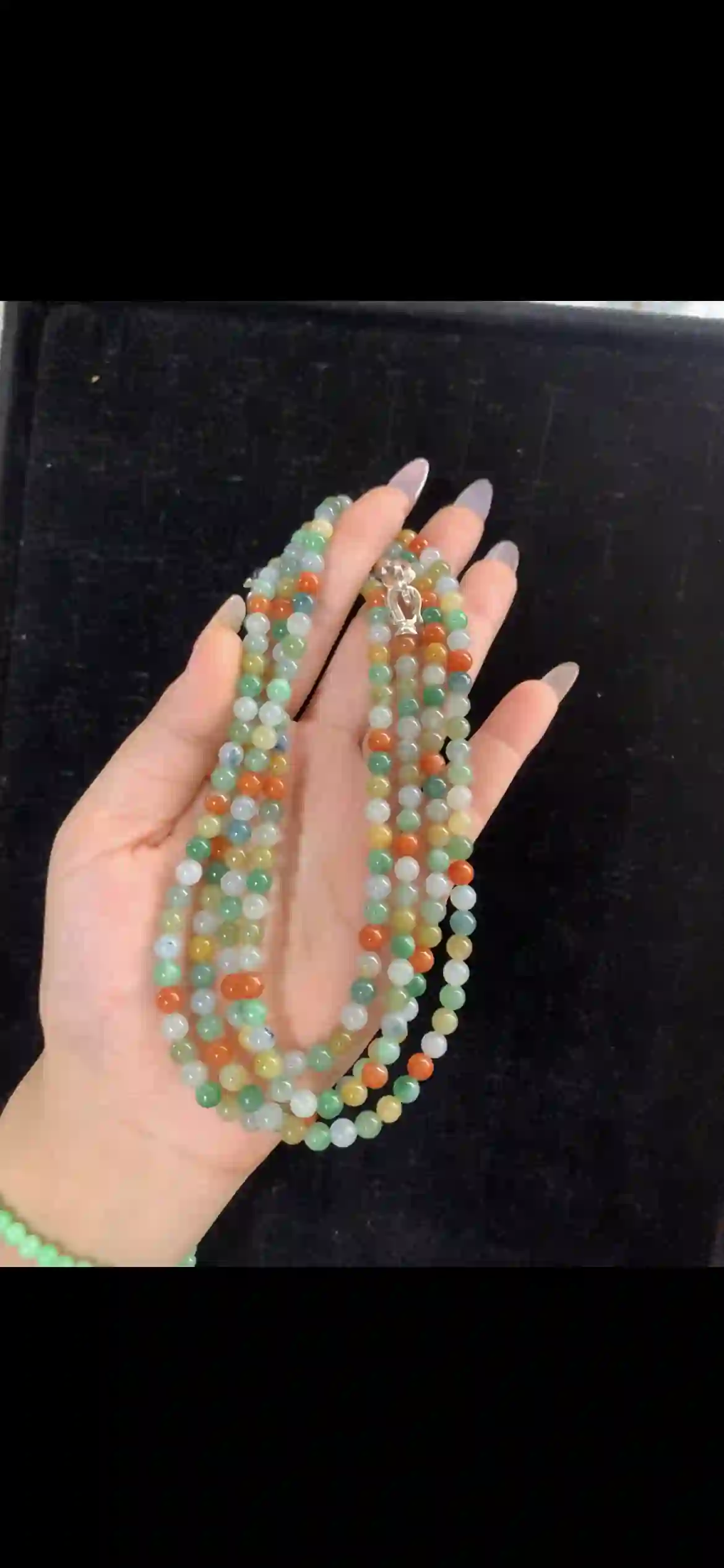 Long Multi-Color Jade Bead Necklace – Full-Palette Tri-Color Gem Strand with Silver Clasp | Myanmar Jadeite reference #31470001