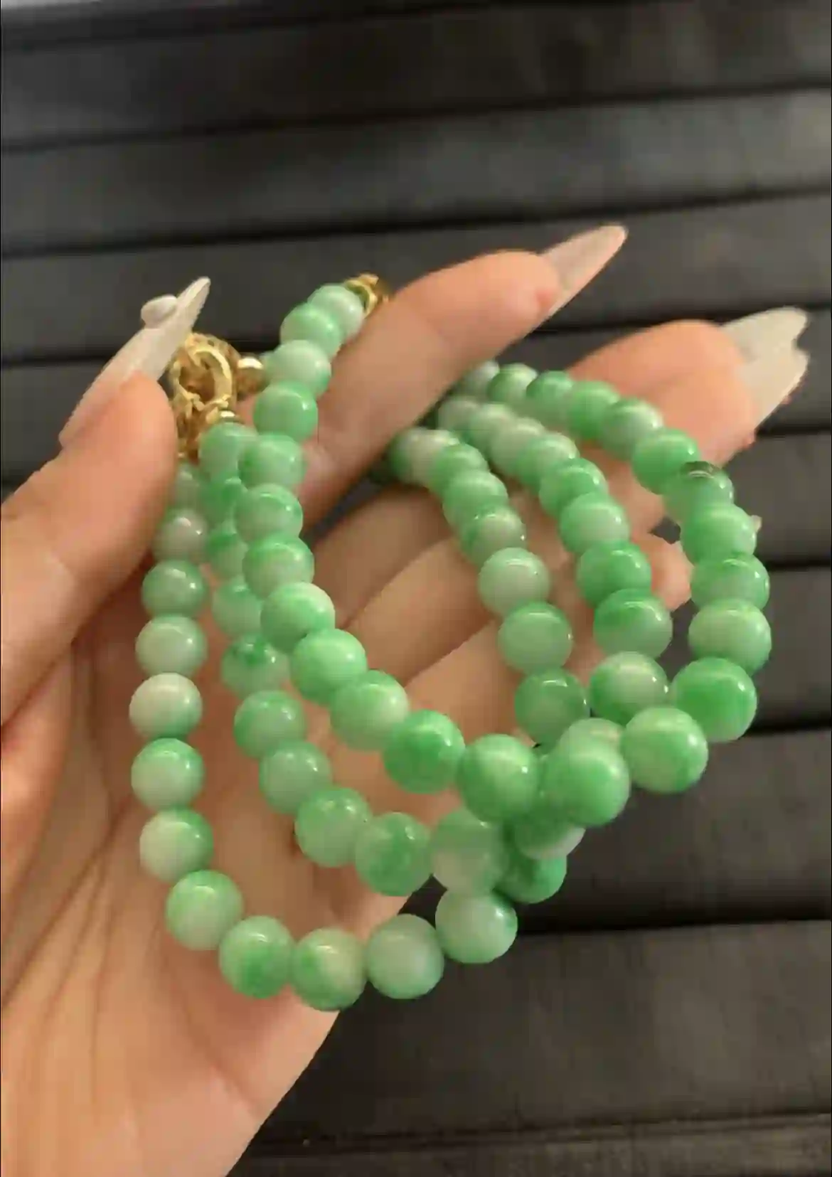 Green Jade Beaded Necklaces with Gold Clasps | Myanmar Jadeite reference #1230001