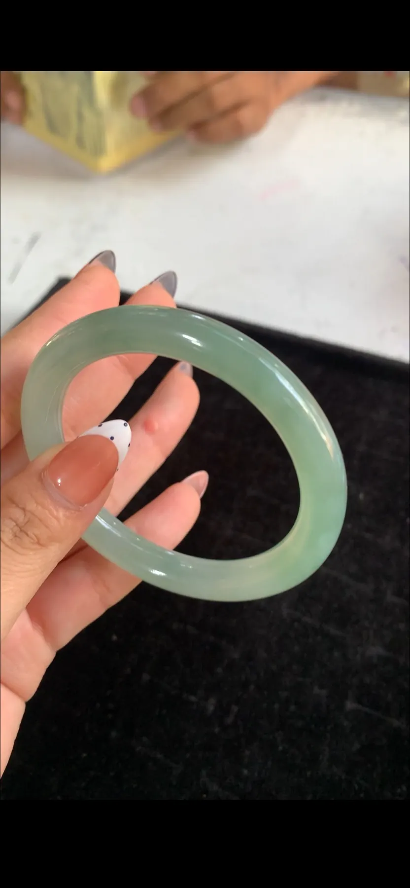 Natural High-Translucency Glassy/Ice Variety Light Teal-Green Jadeite Solid Bangle Bracelet | Myanmar Jadeite reference #39210001