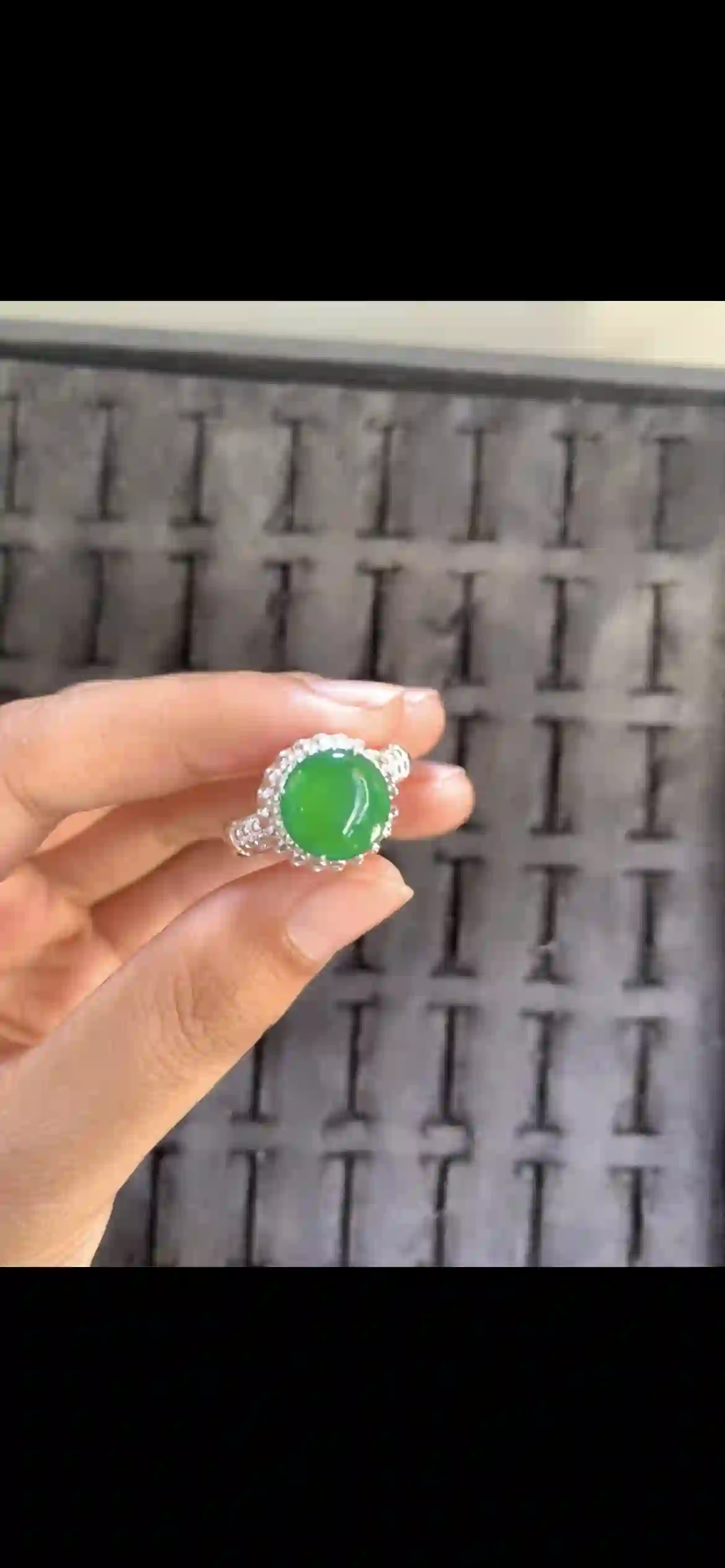 Round Vivid Emerald Green Jade Ring with Double Diamond Halo | Myanmar Jadeite reference #19050001
