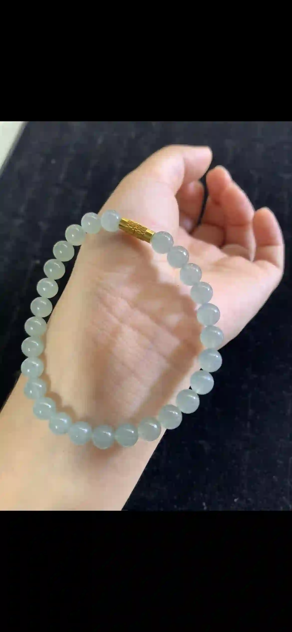 Premium Icy Pale Celadon Jade Bead Bracelet with Gold Clasp | Myanmar Jadeite reference #17910001