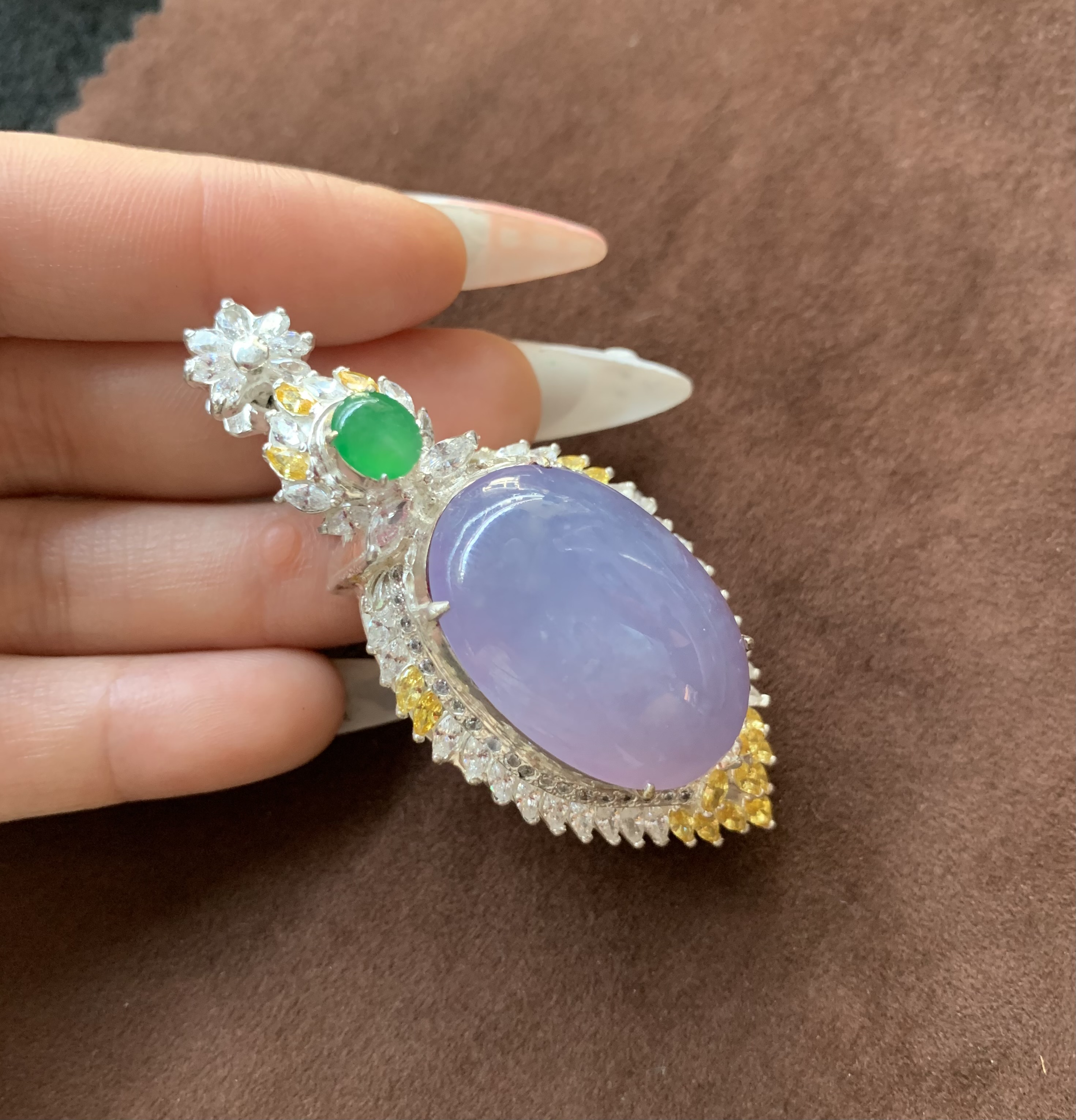 Lavender Jadeite Pendant with Green Accent and Crystals