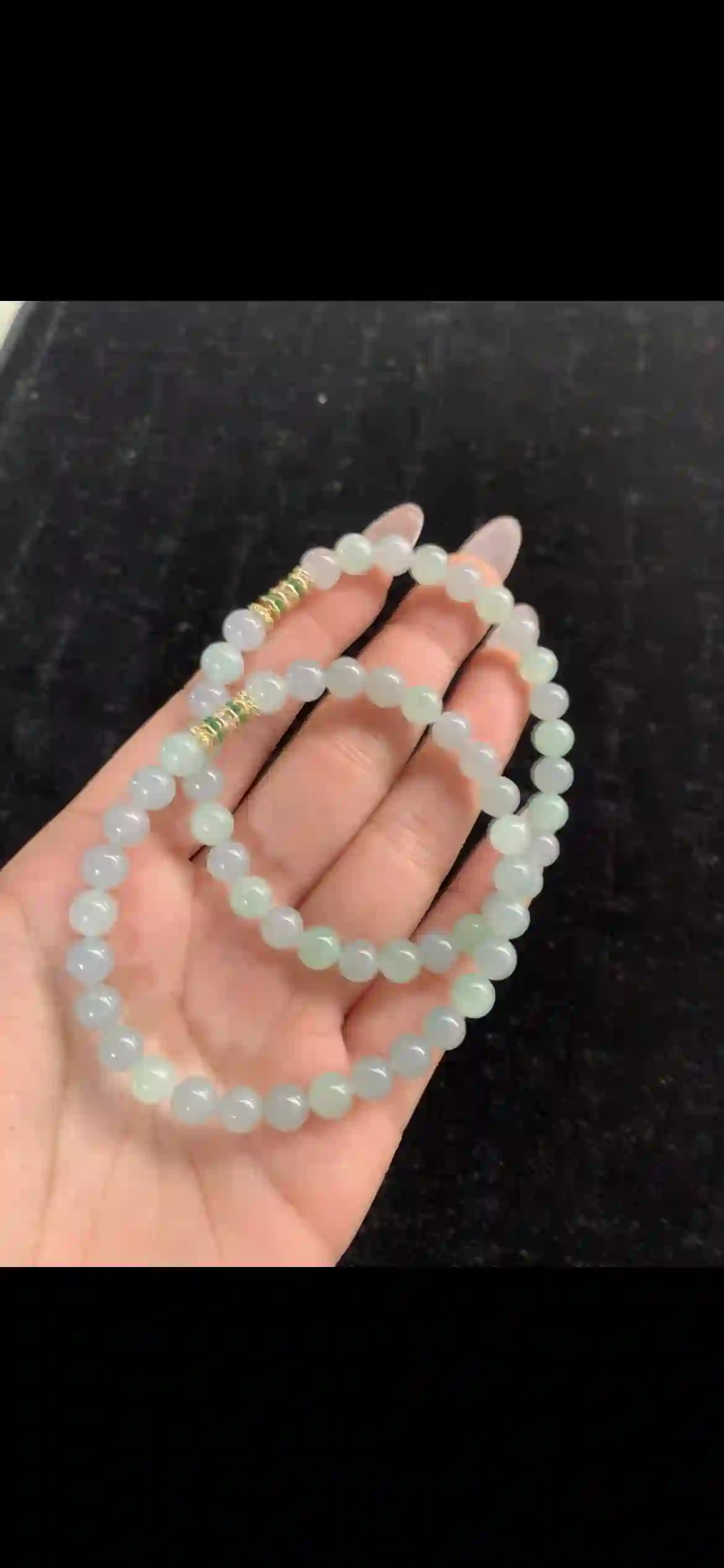 Serene Pale Celadon Jade Bead Strand – Soft Gradient with Gold & Emerald Accents | Myanmar Jadeite reference #31560001