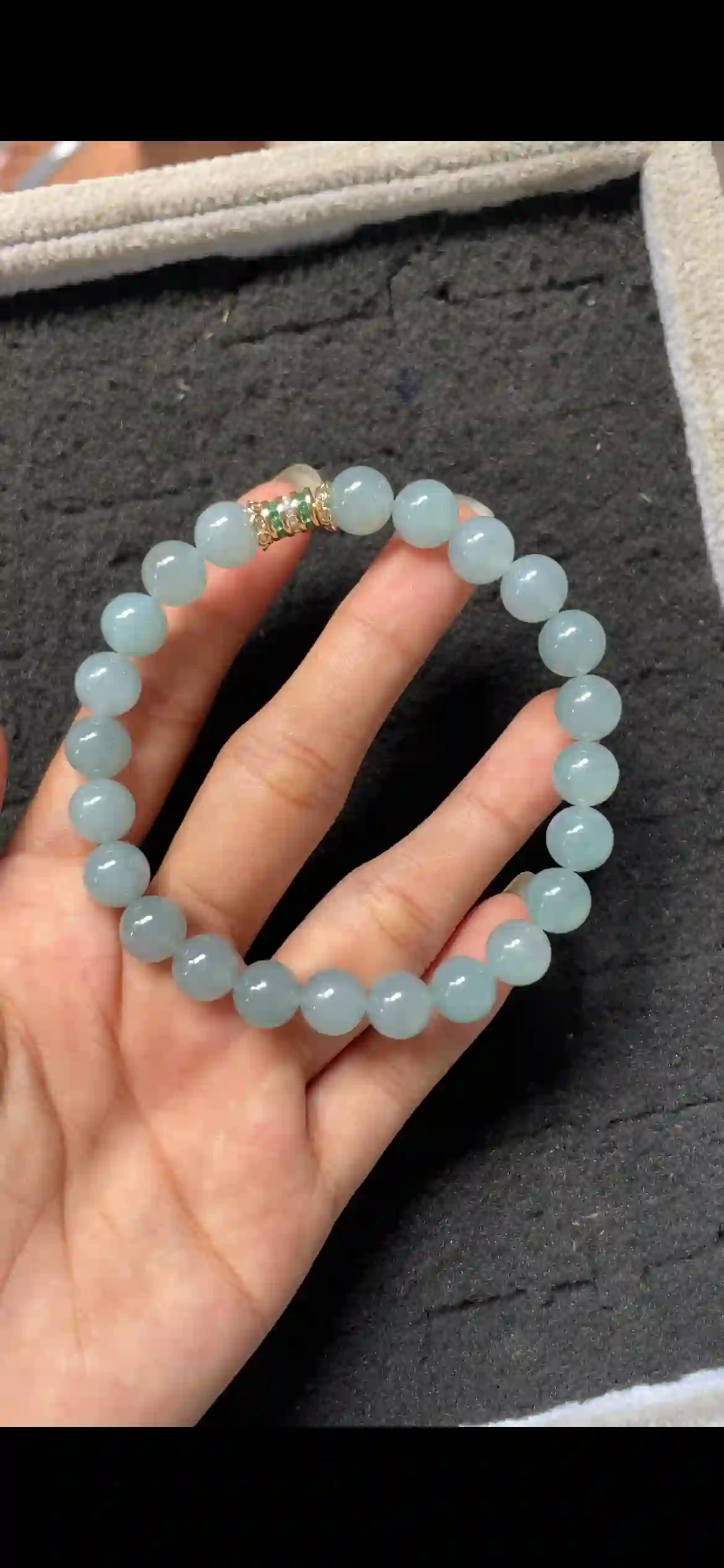   Natural Icy Pale Blue-Green Jadeite Bead Bracelet with Gold Accent, view 2 | Myanmar Jadeite reference #6690005