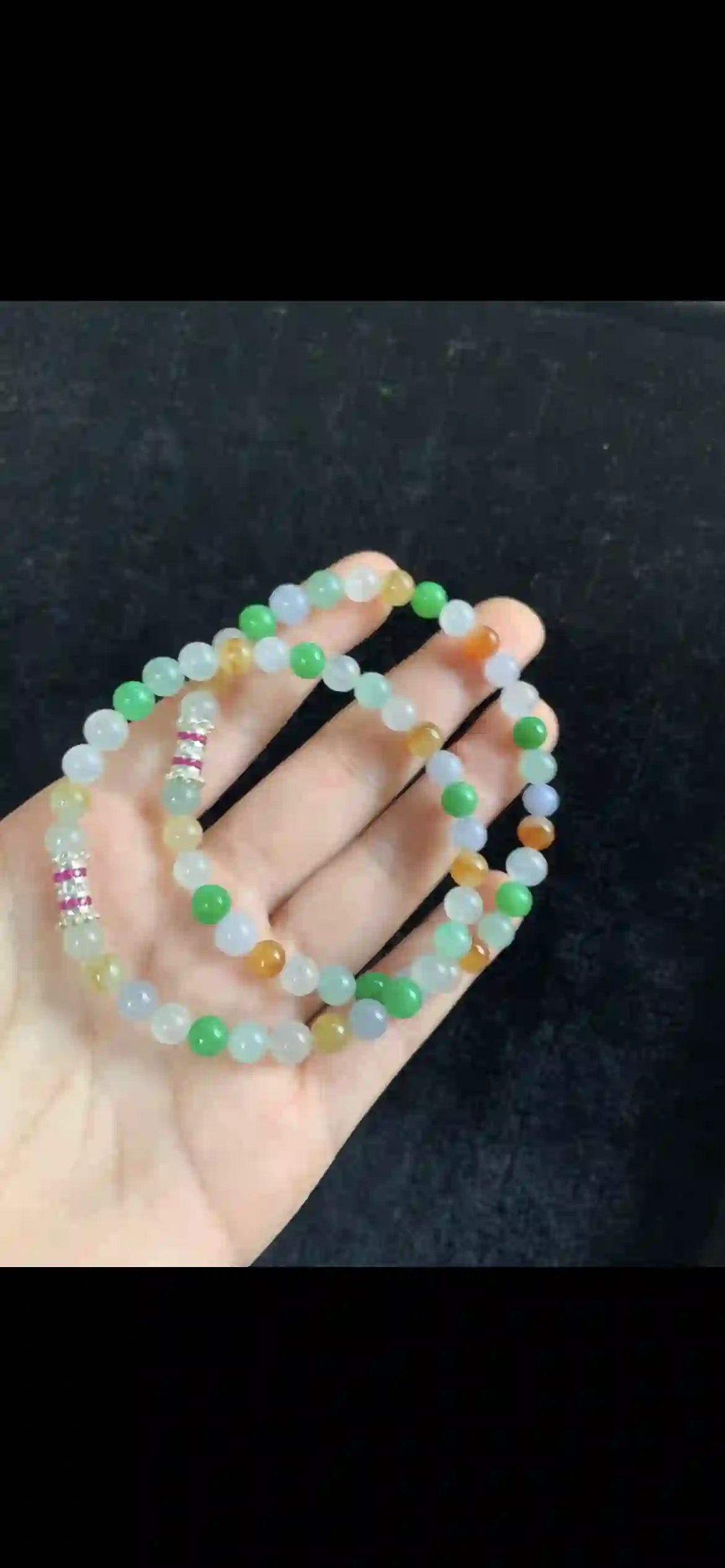 Tri-Color Pastel Jade Double-Strand Bracelet — Silver Spacers with Ruby & Crystal Accents | Myanmar Jadeite reference #34530001