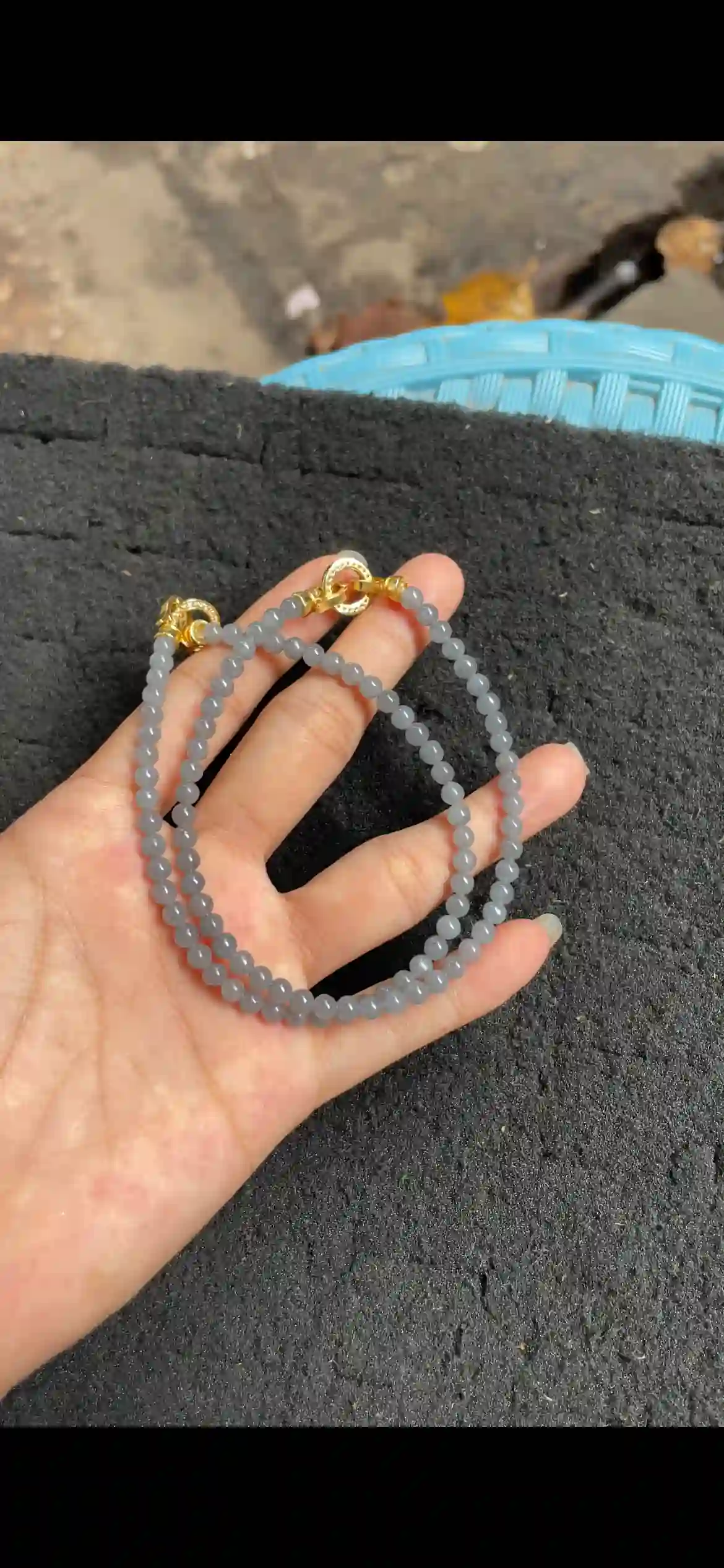 Icy Lavender Grey Jadeite Beaded Double-Strand Bracelet with Gold Clasps | Myanmar Jadeite reference #4530001