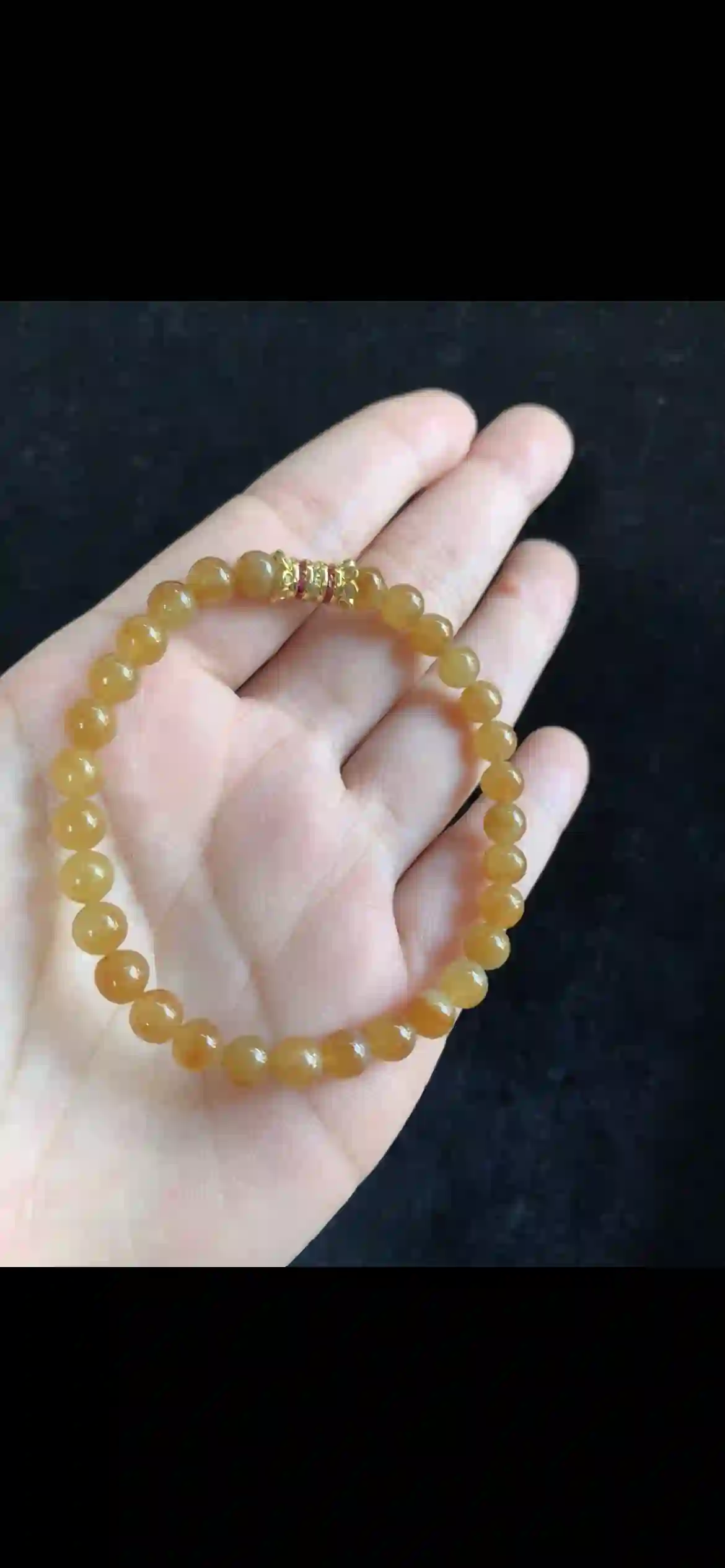 Golden Honey Amber Jade Beaded Bracelet — Ornate Gold Clasp with Ruby Accents | Myanmar Jadeite reference #34560001