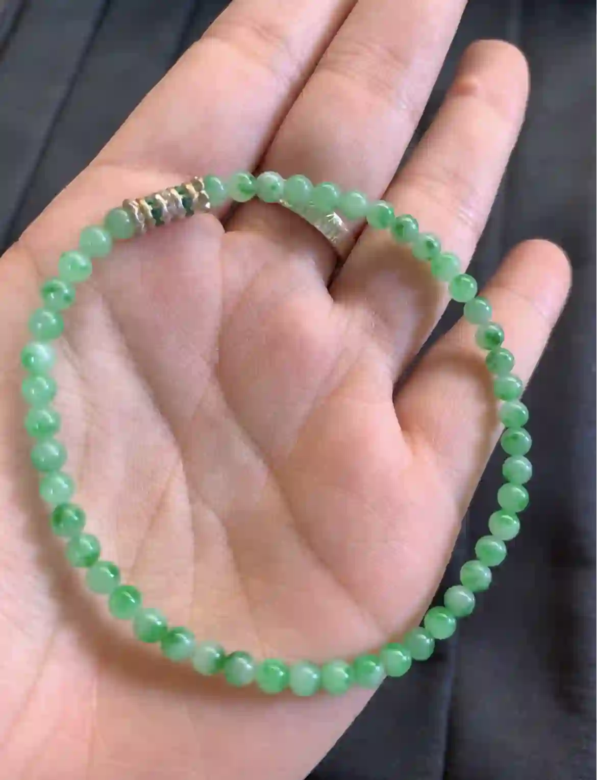   Delicate Bright Green Floating Flower Jadeite Bead Bracelet, view 2 | Myanmar Jadeite reference #3120001