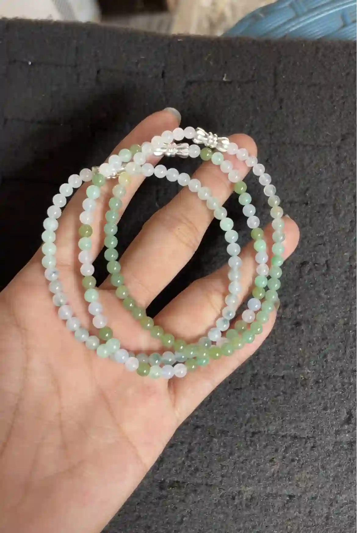   Icy Gradient Green Jadeite Multi-Layer Beaded Bracelet with Silver Clasp | Myanmar Jadeite reference #3900004