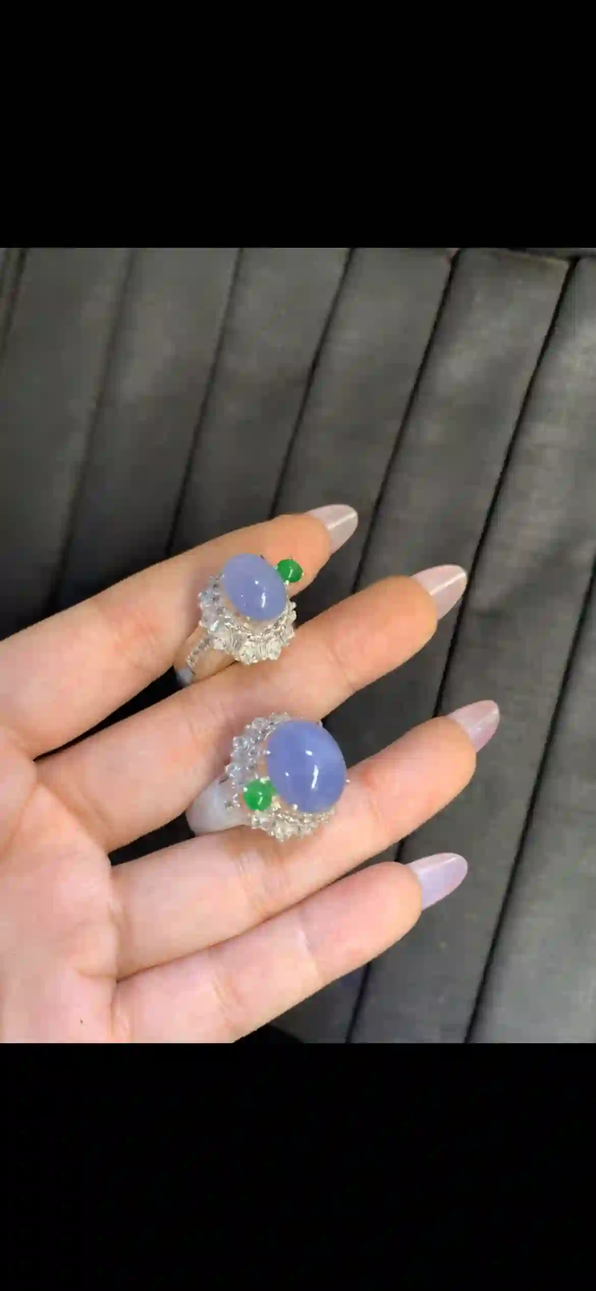  Icy Lavender Jadeite Silver Inlaid Halo Ring Pair, view 2 | Myanmar Jadeite reference #8310007