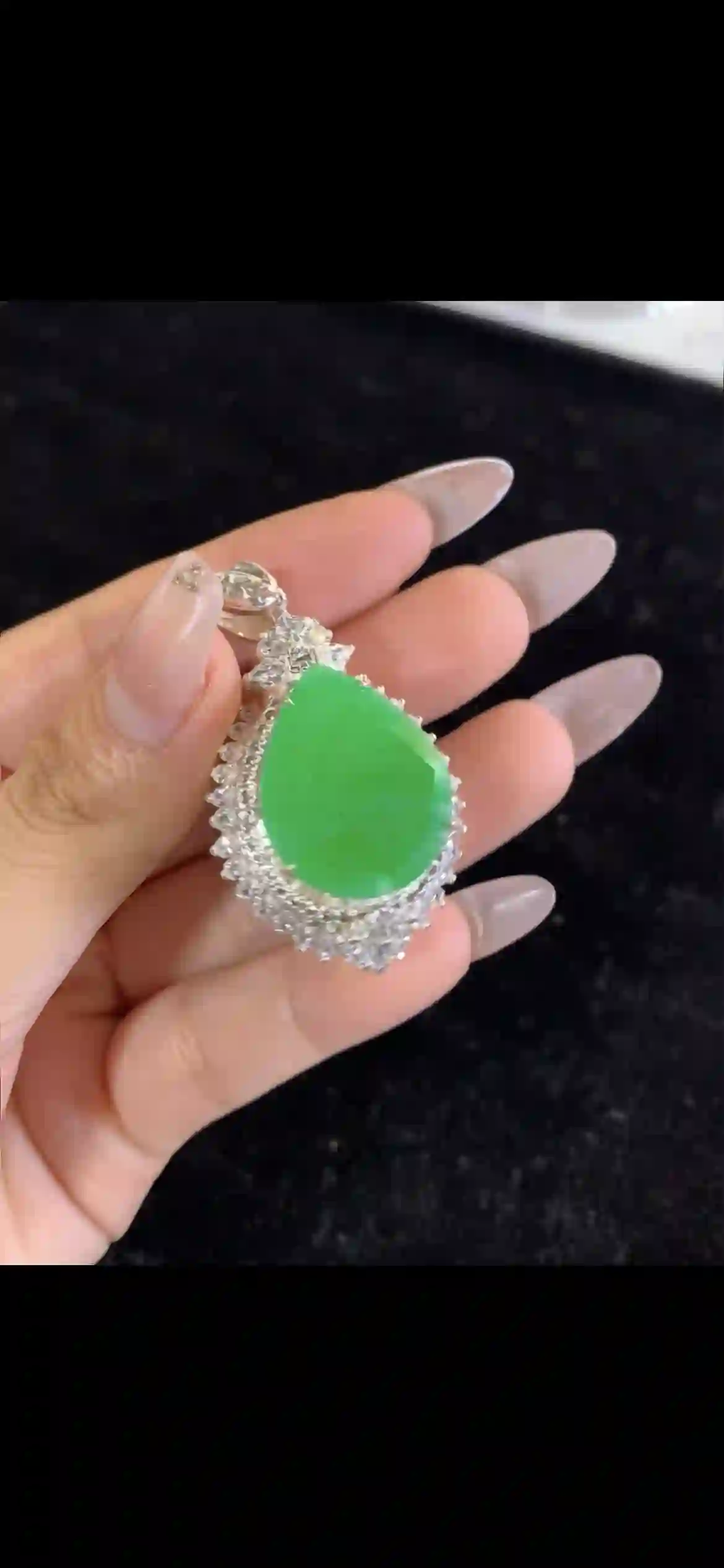 Teardrop Vivid Green Jade Pendant with Diamond Halo in Silver Setting, view 2 | Myanmar Jadeite reference #27750001