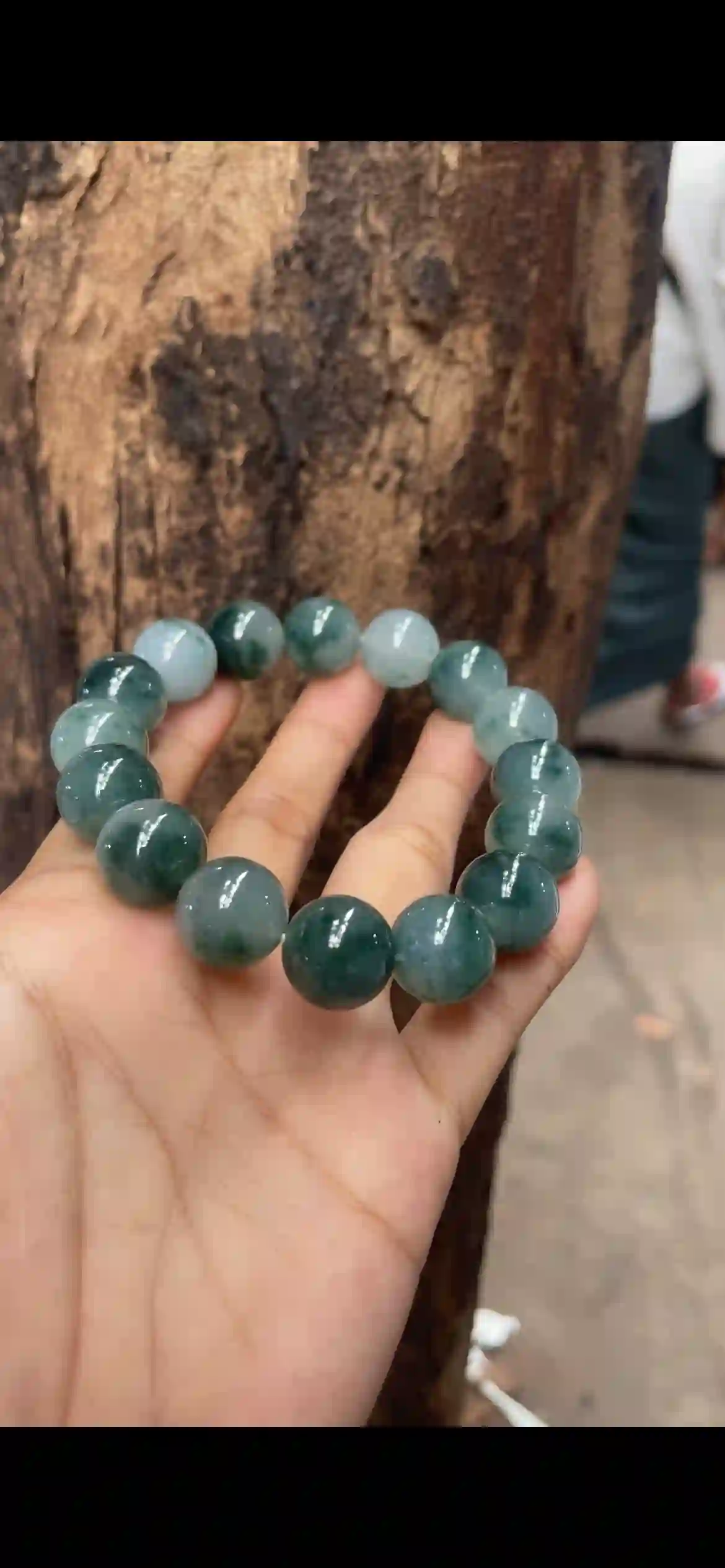   Icy Floating Dark Green Jade Bead Bracelet – Large Round Gemstone Beads | Myanmar Jadeite reference #5400001