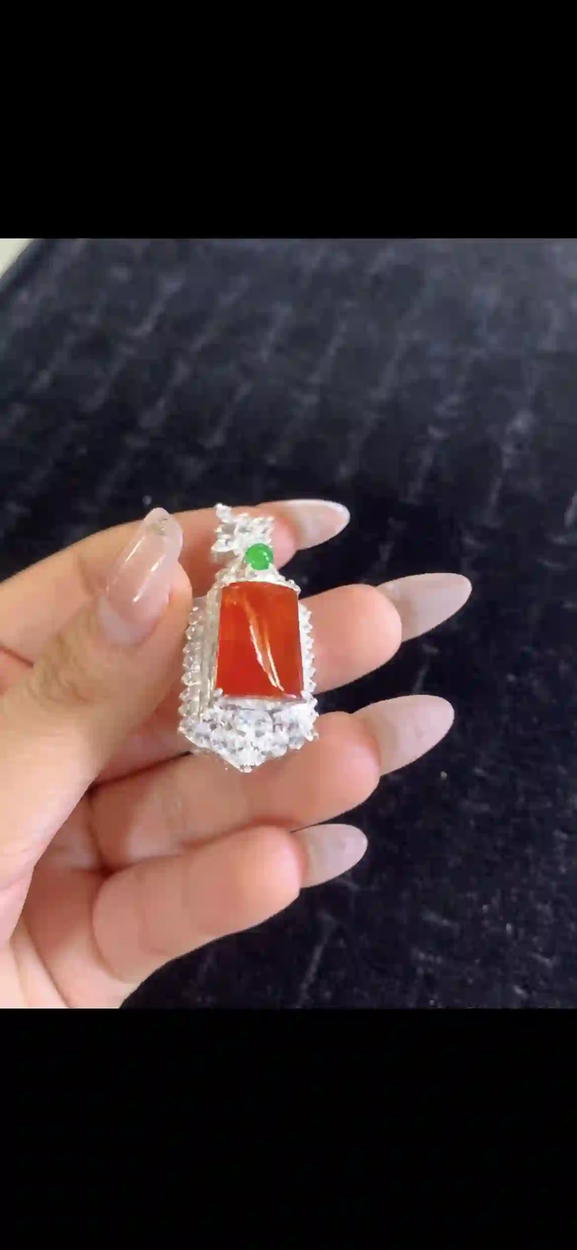 Vivid Red Jade Cabochon Pendant with Green Accent & Diamond Halo in Silver Setting, view 2 | Myanmar Jadeite reference #27960001