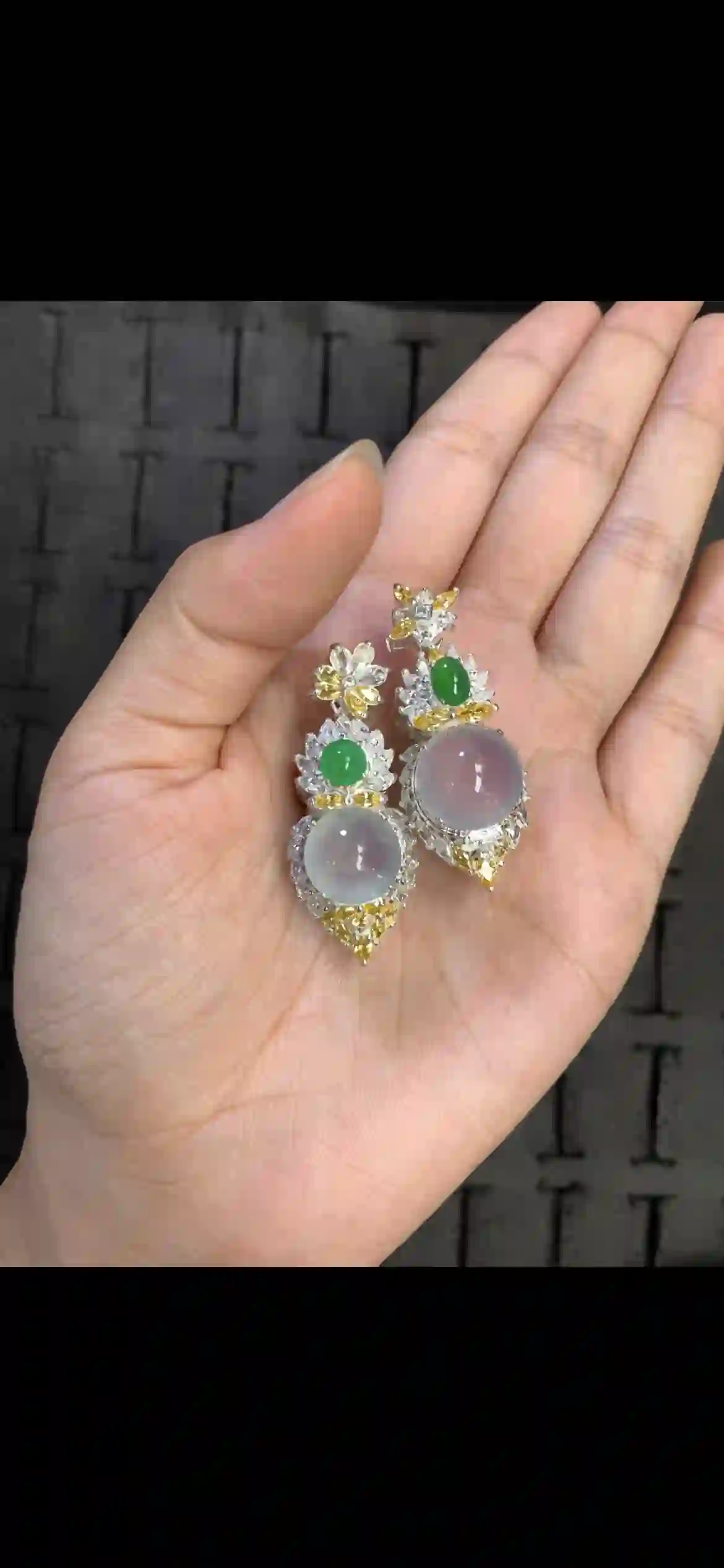 . Icy Lavender & Emerald Jade Drop Earrings, view 2 | Myanmar Jadeite reference #14520001
