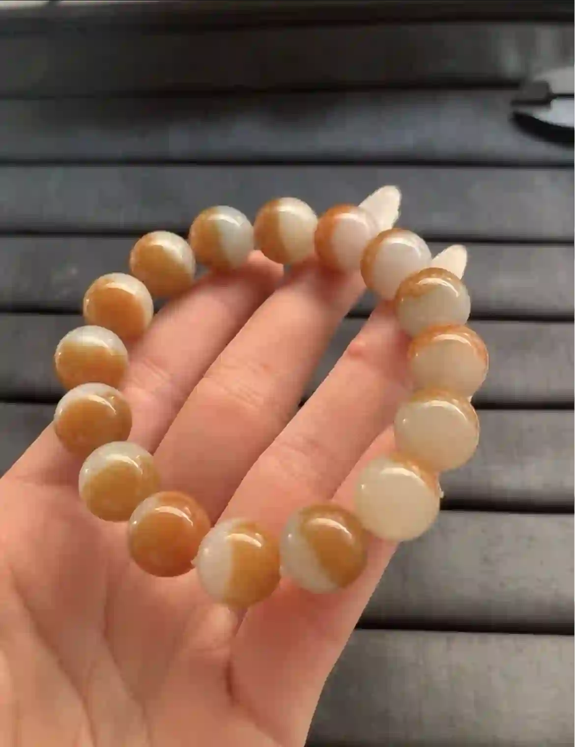 Natural Two-Tone Yellow Jade Bead Bracelet | Myanmar Jadeite reference #1770007