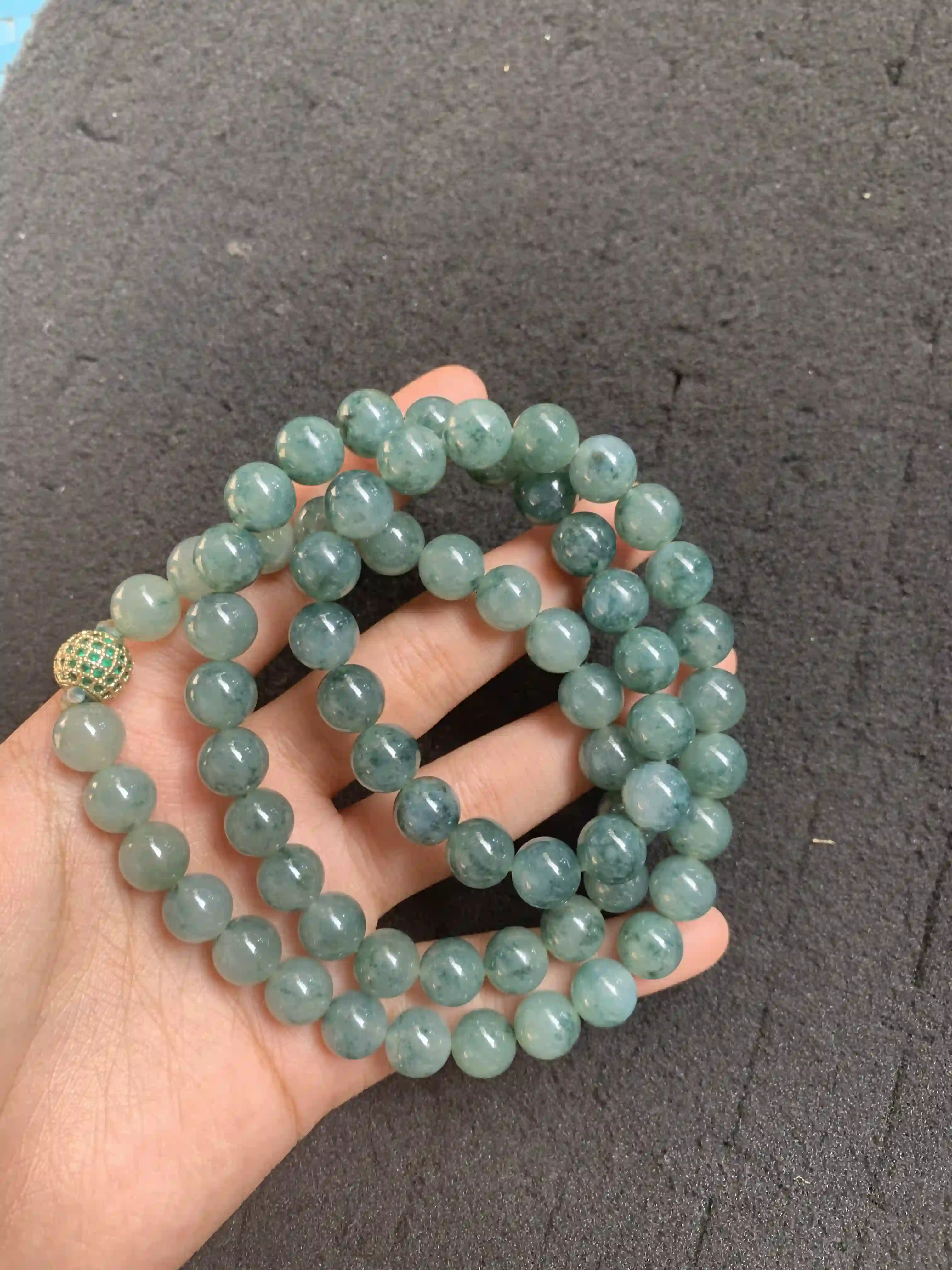  Dark Green Moss-in-Snow Jadeite Beaded Bracelet | Myanmar Jadeite reference #900003