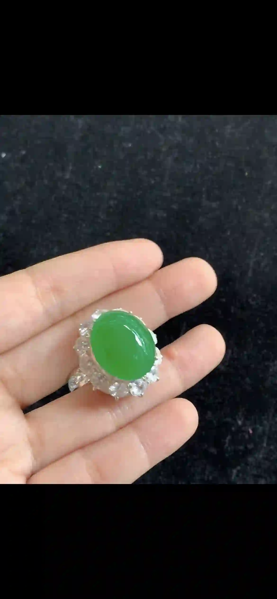 Stunning Oval Imperial Green Jade Ring — Diamond Halo Luxury Setting, view 2 | Myanmar Jadeite reference #34020001