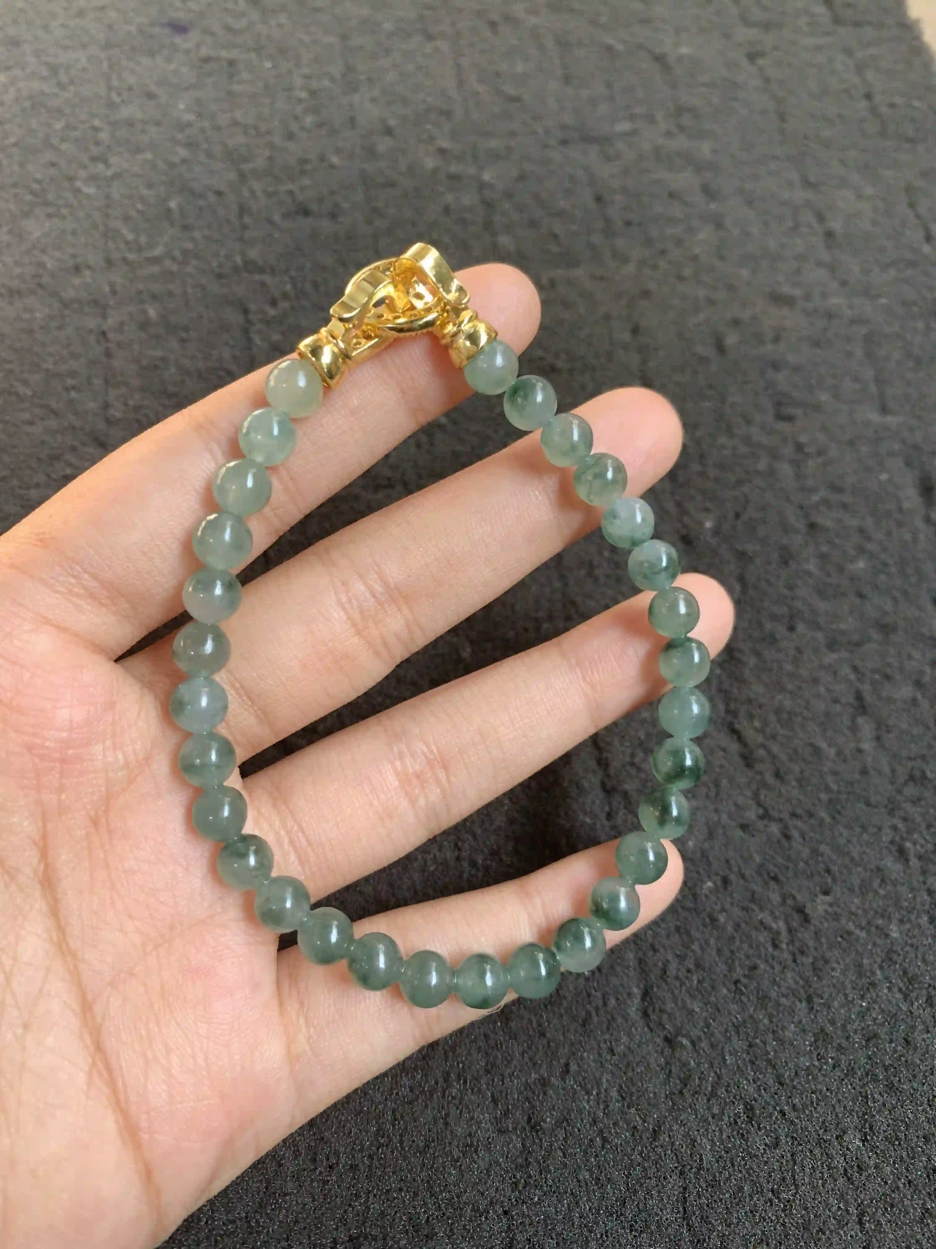 Dark Green Translucent Jade Beaded Bracelet with Diamond-Accented Gold Clasp, view 2 | Myanmar Jadeite reference #510004