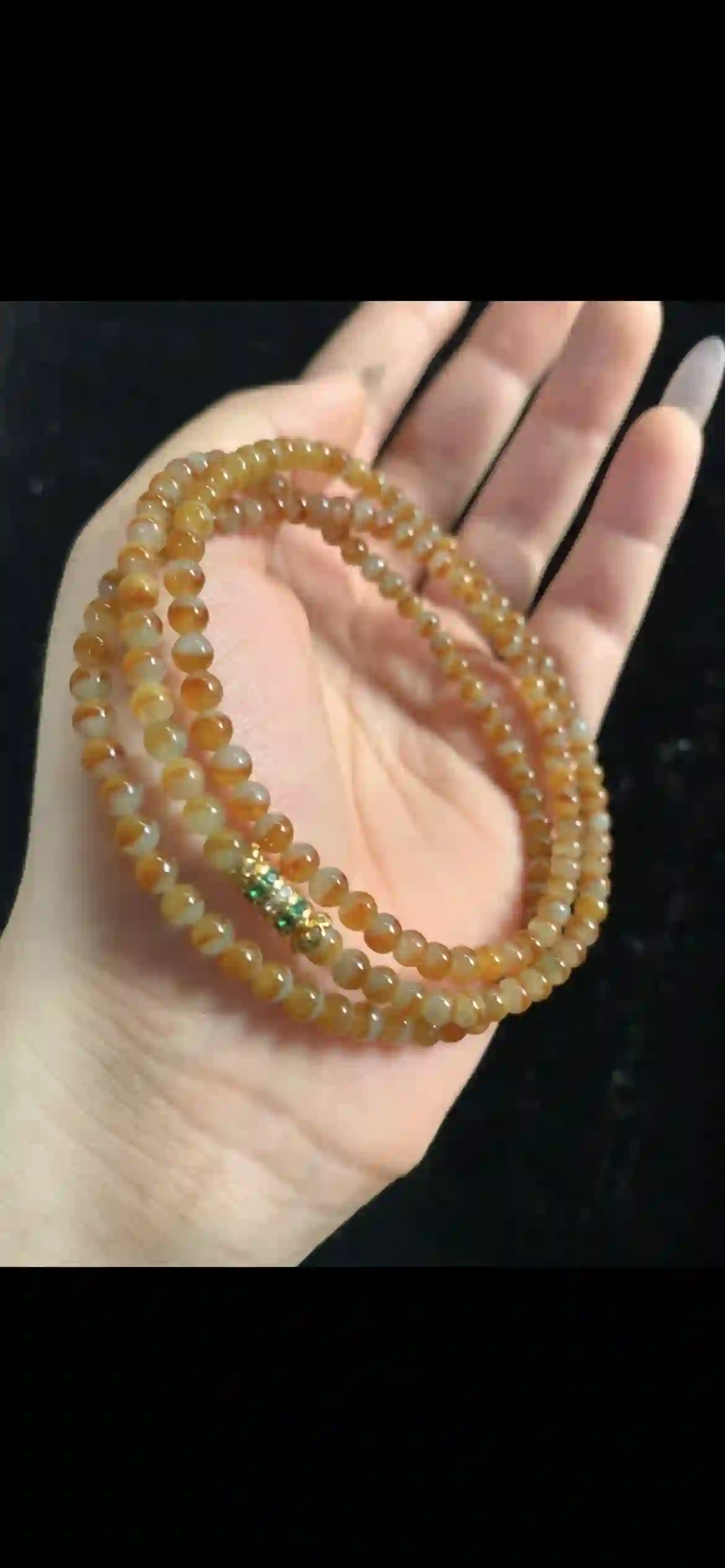 Honey Amber Bi-Color Jade Long Wrap Bracelet with Emerald Accent | Myanmar Jadeite reference #32550001
