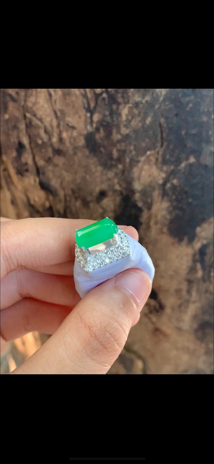 Natural Imperial Green Rectangular Saddle Cut Jadeite Statement Ring in Diamond Halo Setting | Myanmar Jadeite reference #37980001