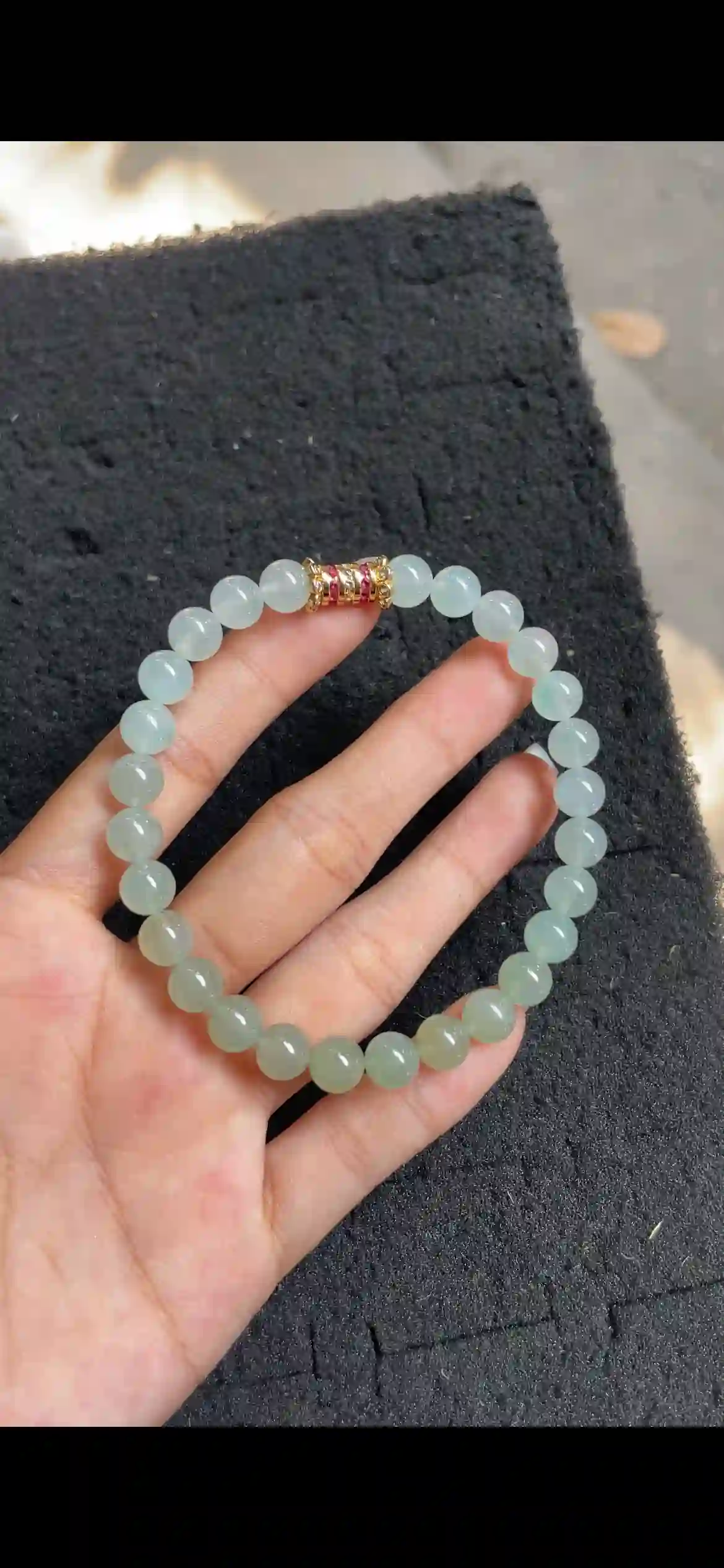 Icy Translucent Light Green Jade Bead Bracelet with Gold & Red Accent, view 2 | Myanmar Jadeite reference #4740001