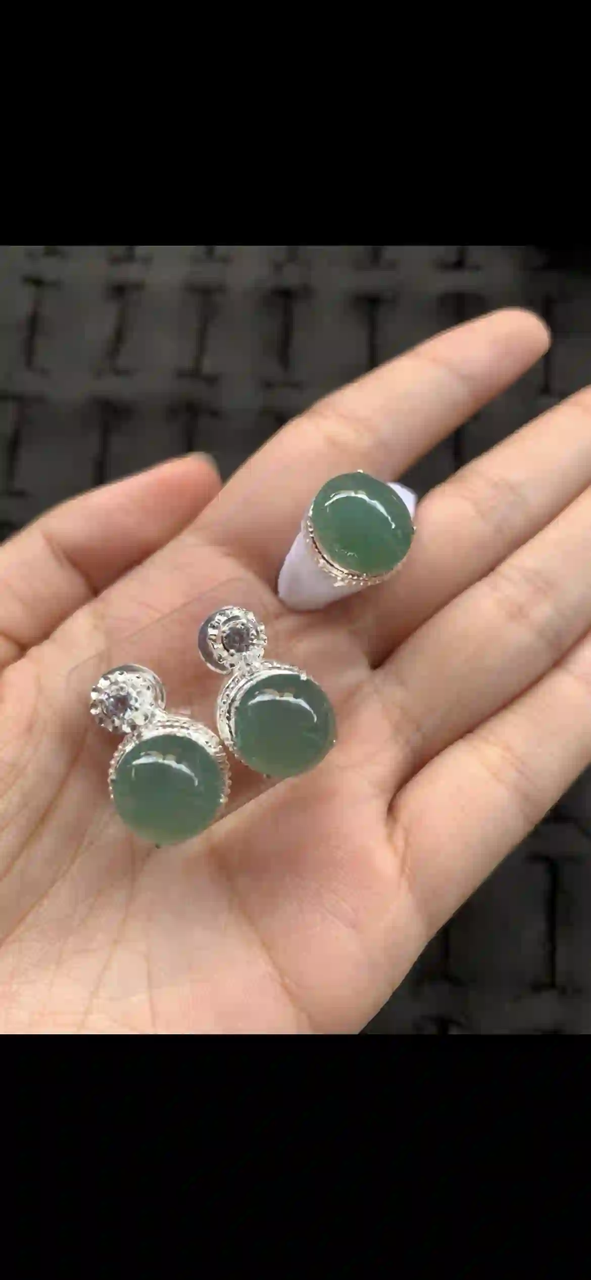 Icy Blue-Green Jadeite Cabochon Ring & Stud Earrings Jewelry Set, view 2 | Myanmar Jadeite reference #10650001