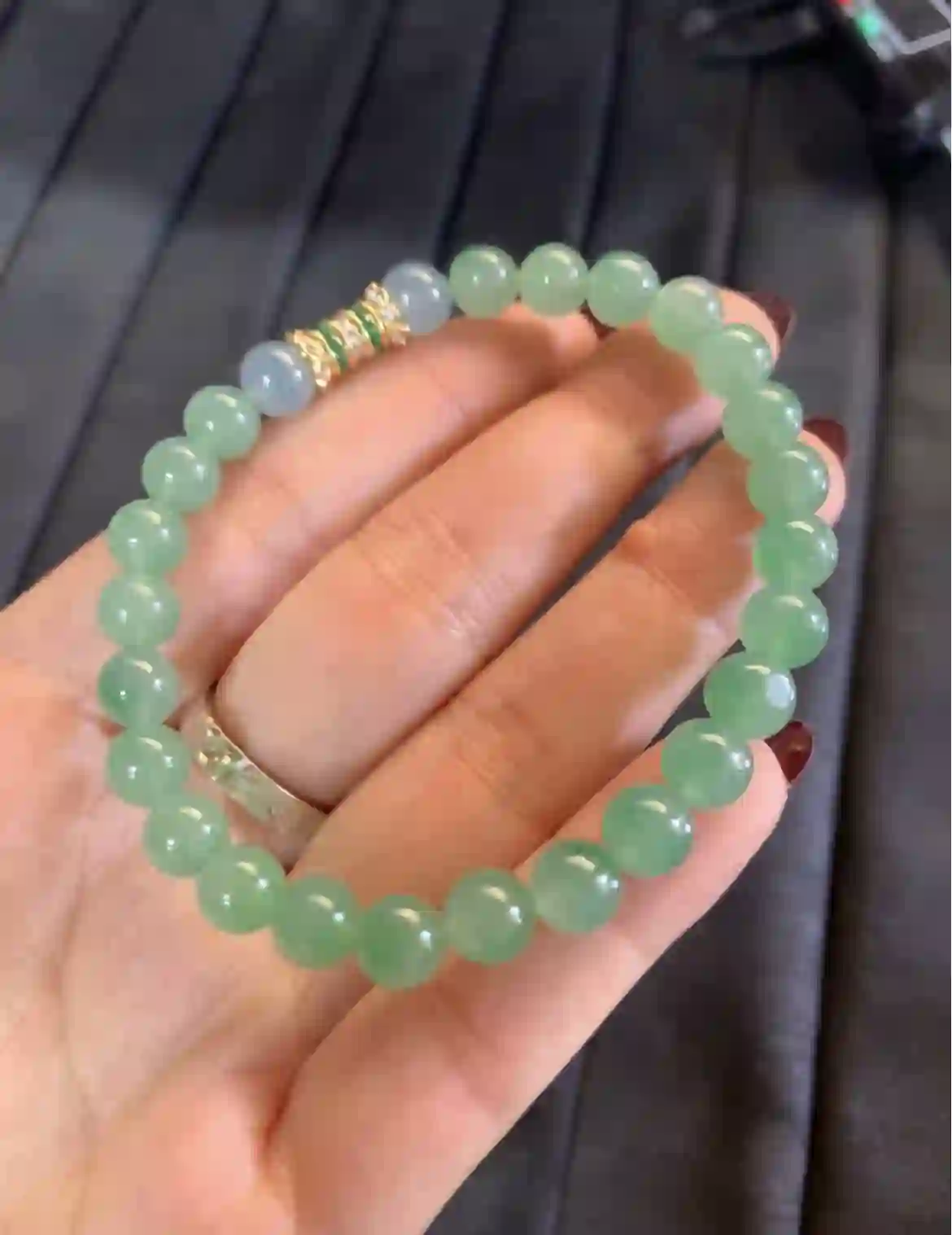 Icy Green Jadeite Beaded Bracelet with Gold Plated Diamond Accent Spacers, view 2 | Myanmar Jadeite reference #3300001