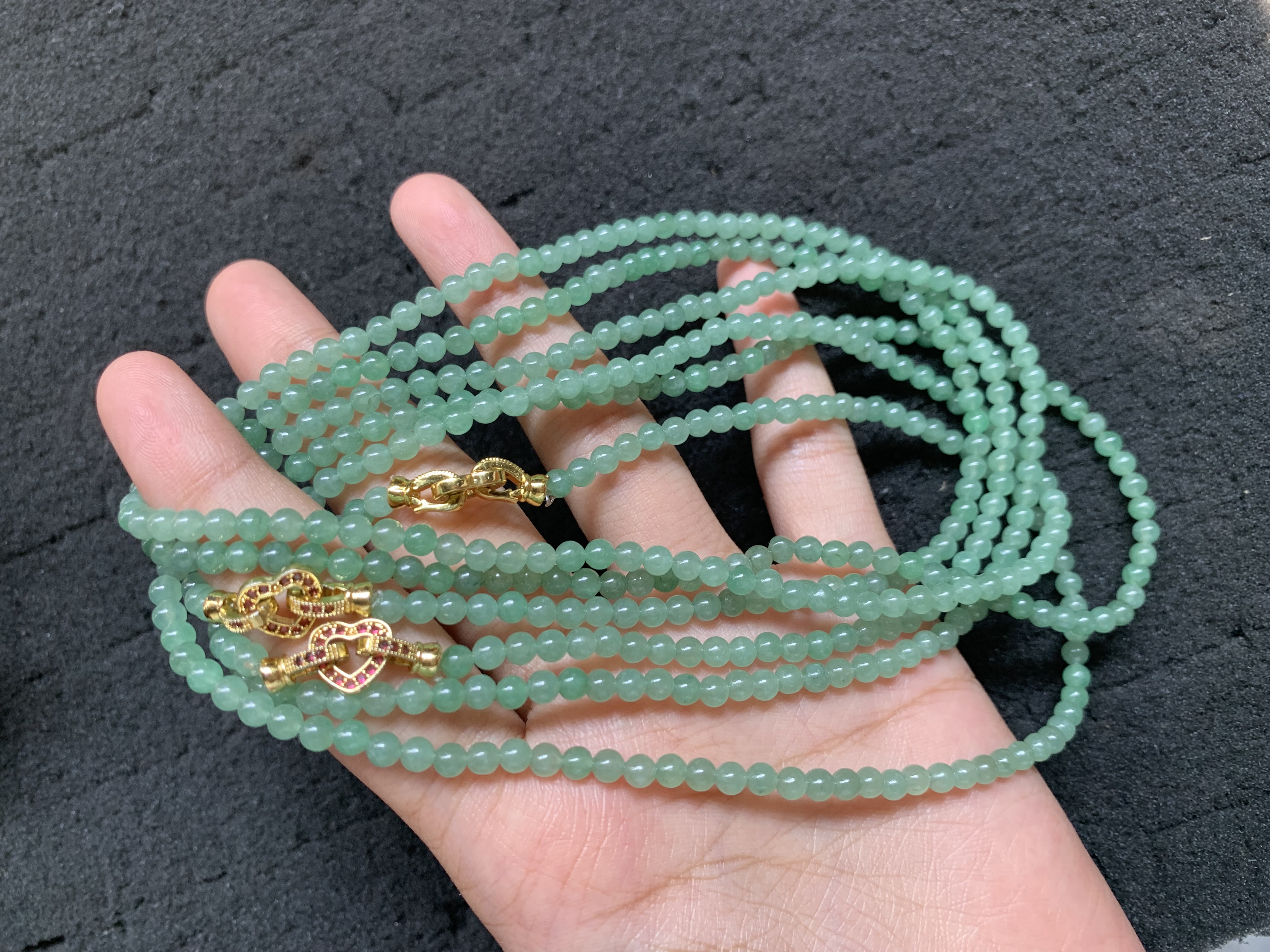   Icy Green Jade Bead Necklace with Gold Clasp - Burmese Jadeite Type A from Hpakant, Myanmar | Myanmar Jadeite