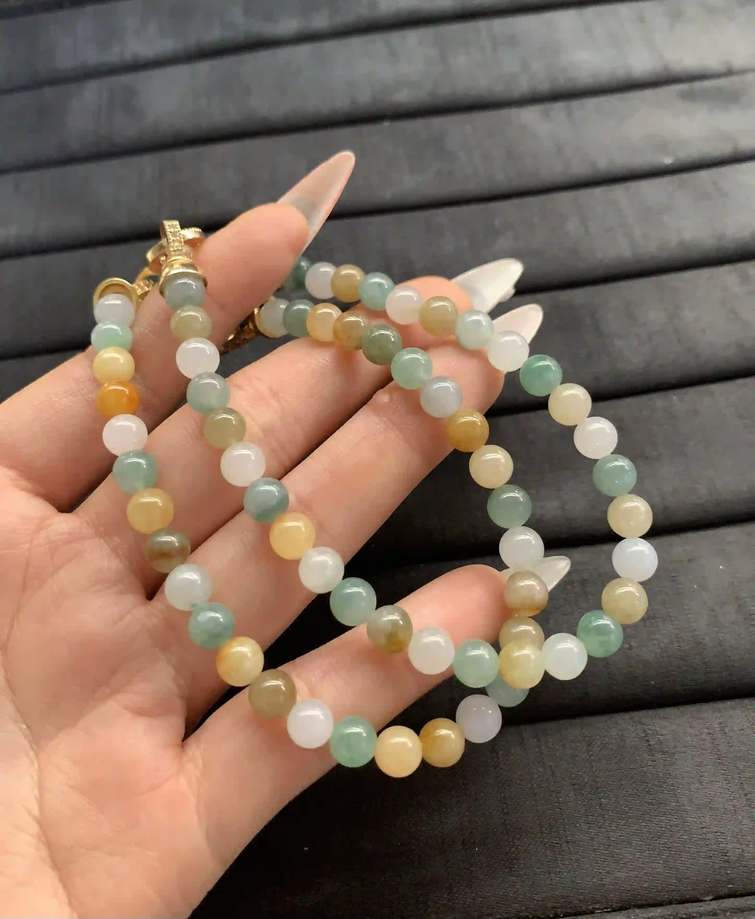 Colorful Multi-Hued Jade Bead Strand with Gold-Toned Clasp, view 2 | Myanmar Jadeite reference #1380004