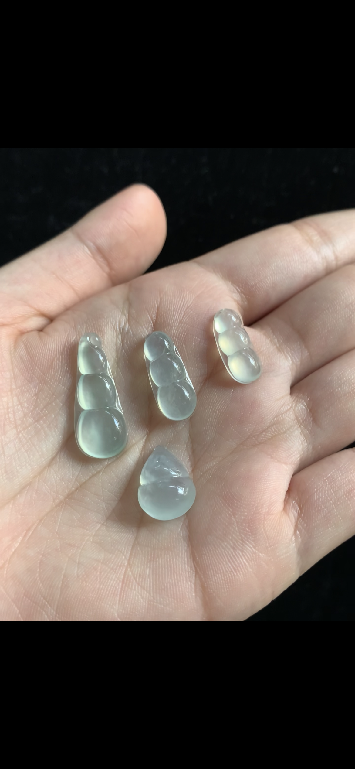 Collection of Icy Translucent Jade Carvings — Pea Pods & Gourd Pendant Set - Burmese Jadeite from Myanmar