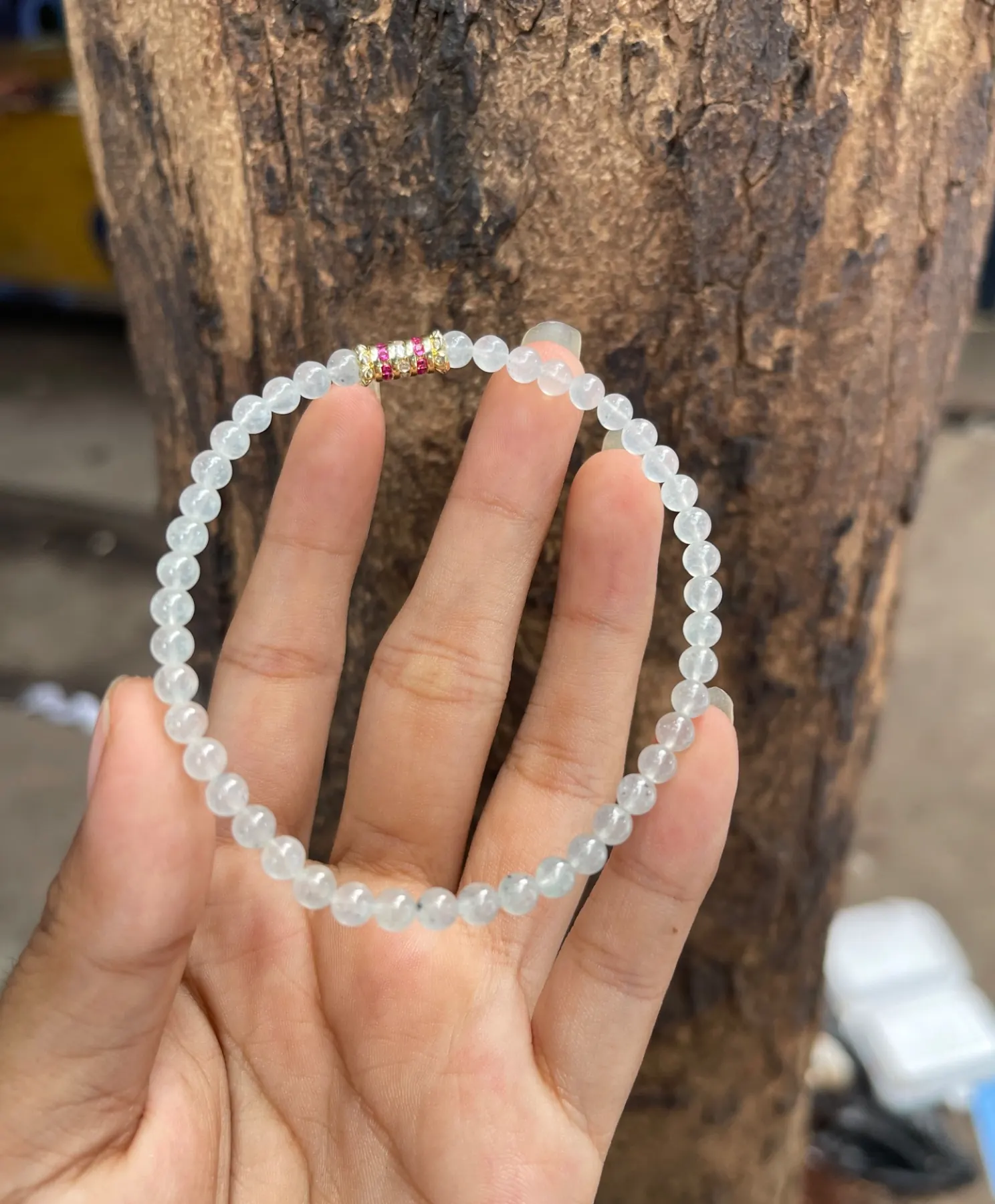 Natural High-Translucency Glassy/Ice Variety Icy White Jadeite Bead Bracelet with Gold & Ruby-Red Gemstone Spacer | Myanmar Jadeite reference #39360001