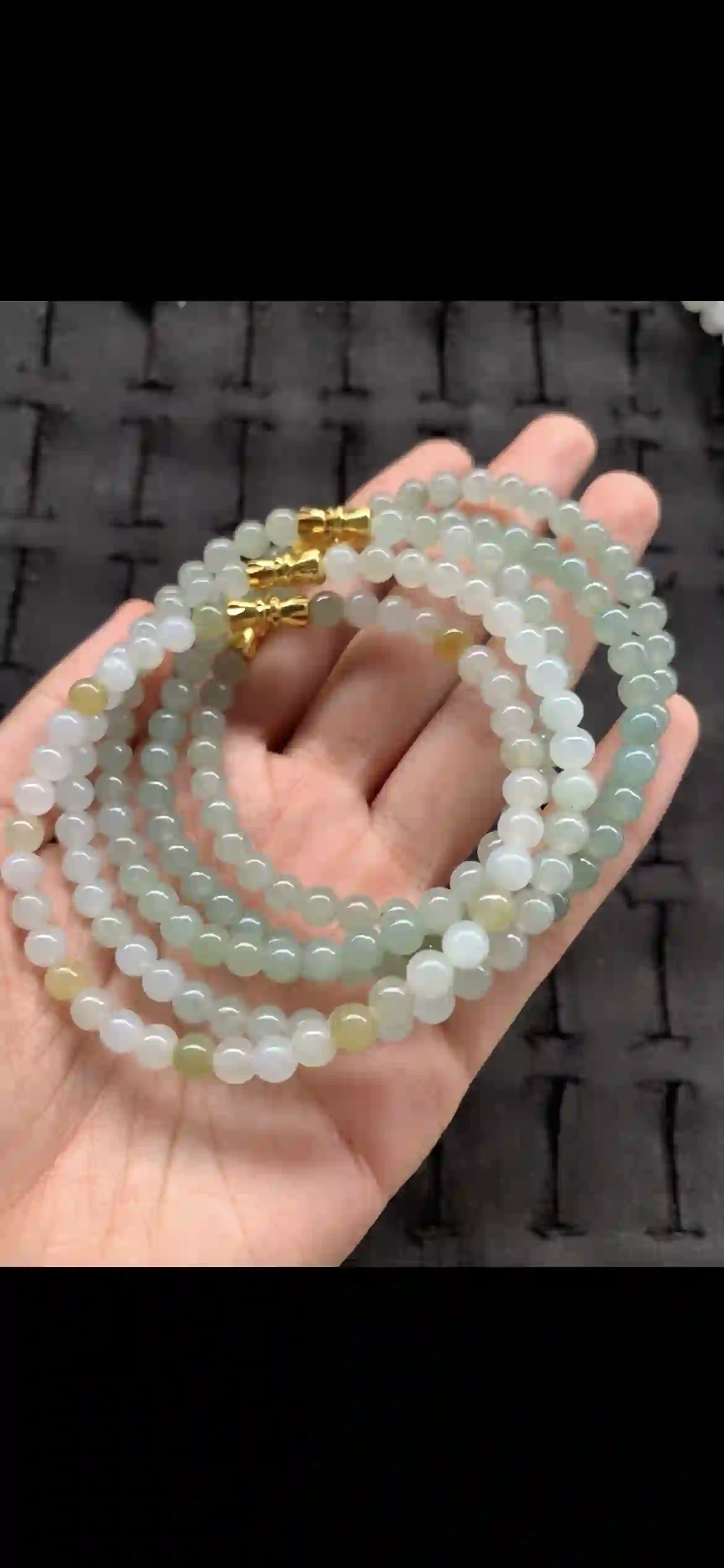 Gradient Icy White & Pale Green Jade Bead Necklace with Gold Clasps, view 2 | Myanmar Jadeite reference #18510002