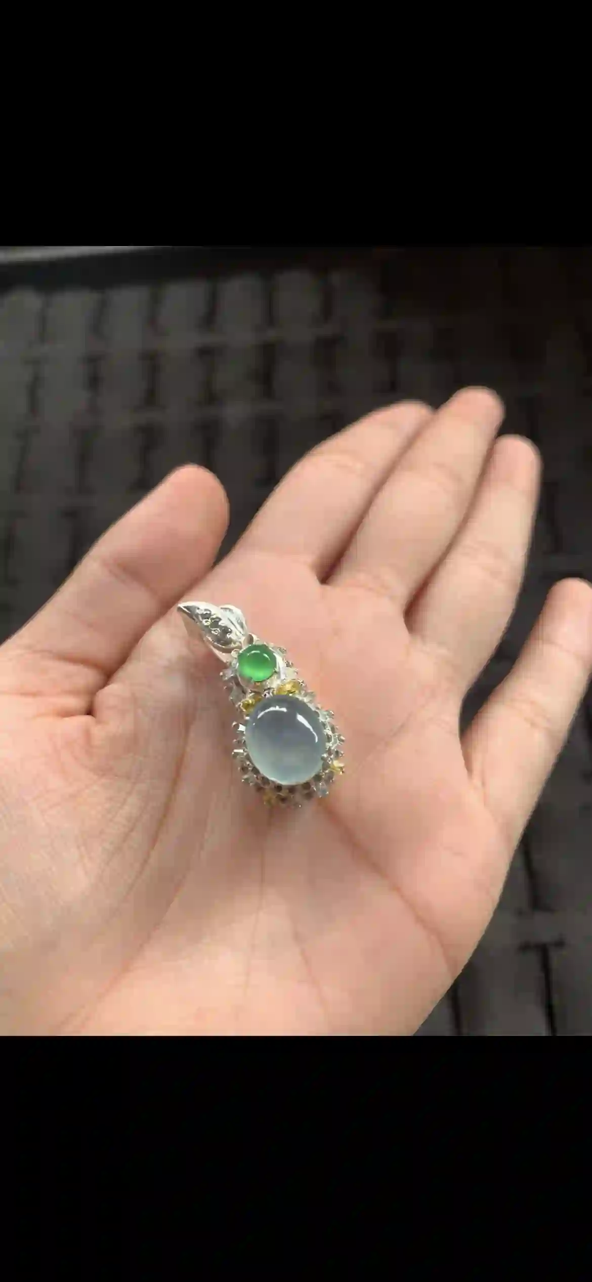 Icy Translucent Jadeite Pendant with Green Accent & Diamond Halo, view 2 | Myanmar Jadeite reference #10500002