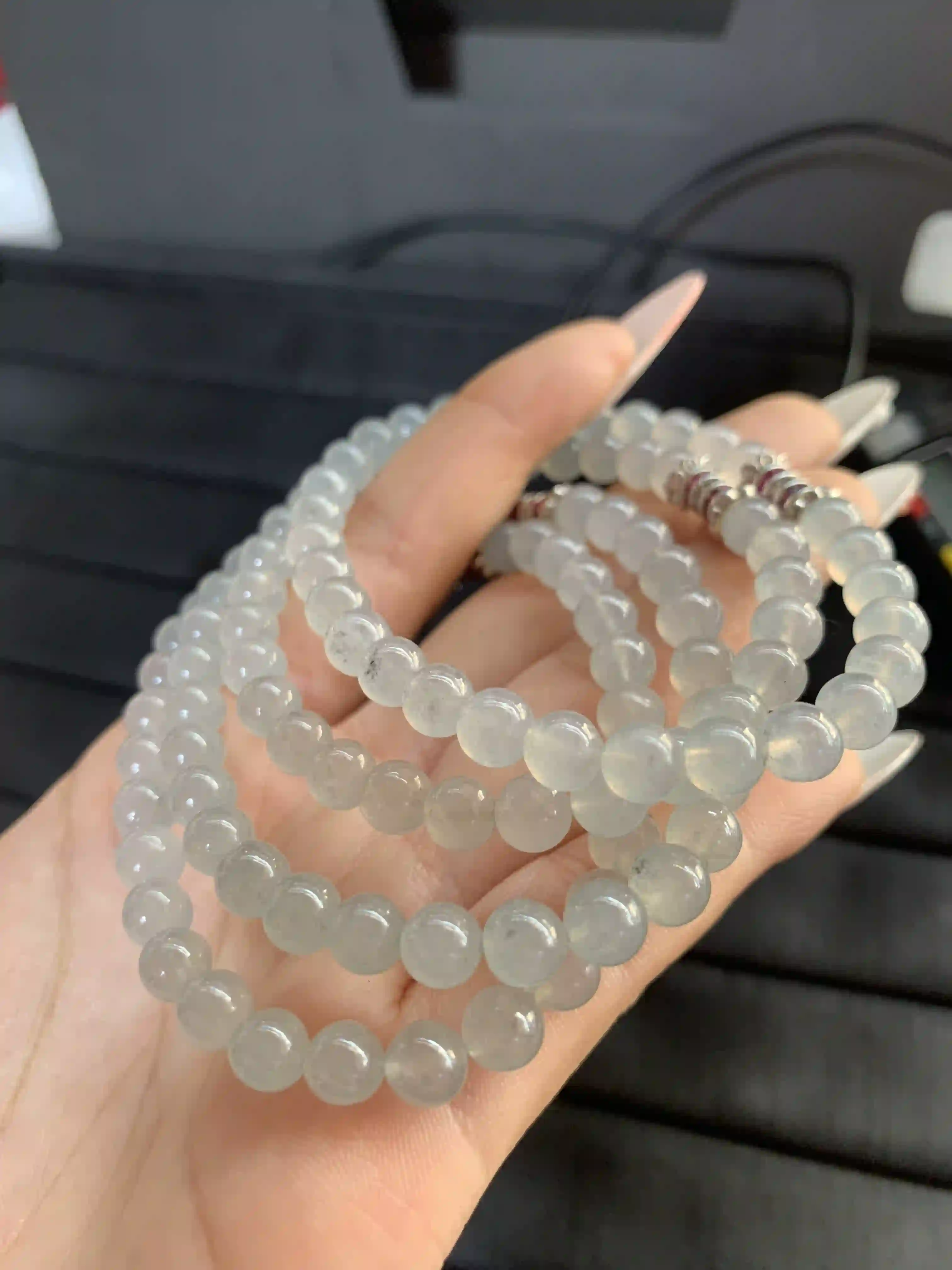Set of Translucent Grayish-White Beaded Bracelets with Accent Clasps | Myanmar Jadeite reference #1350007