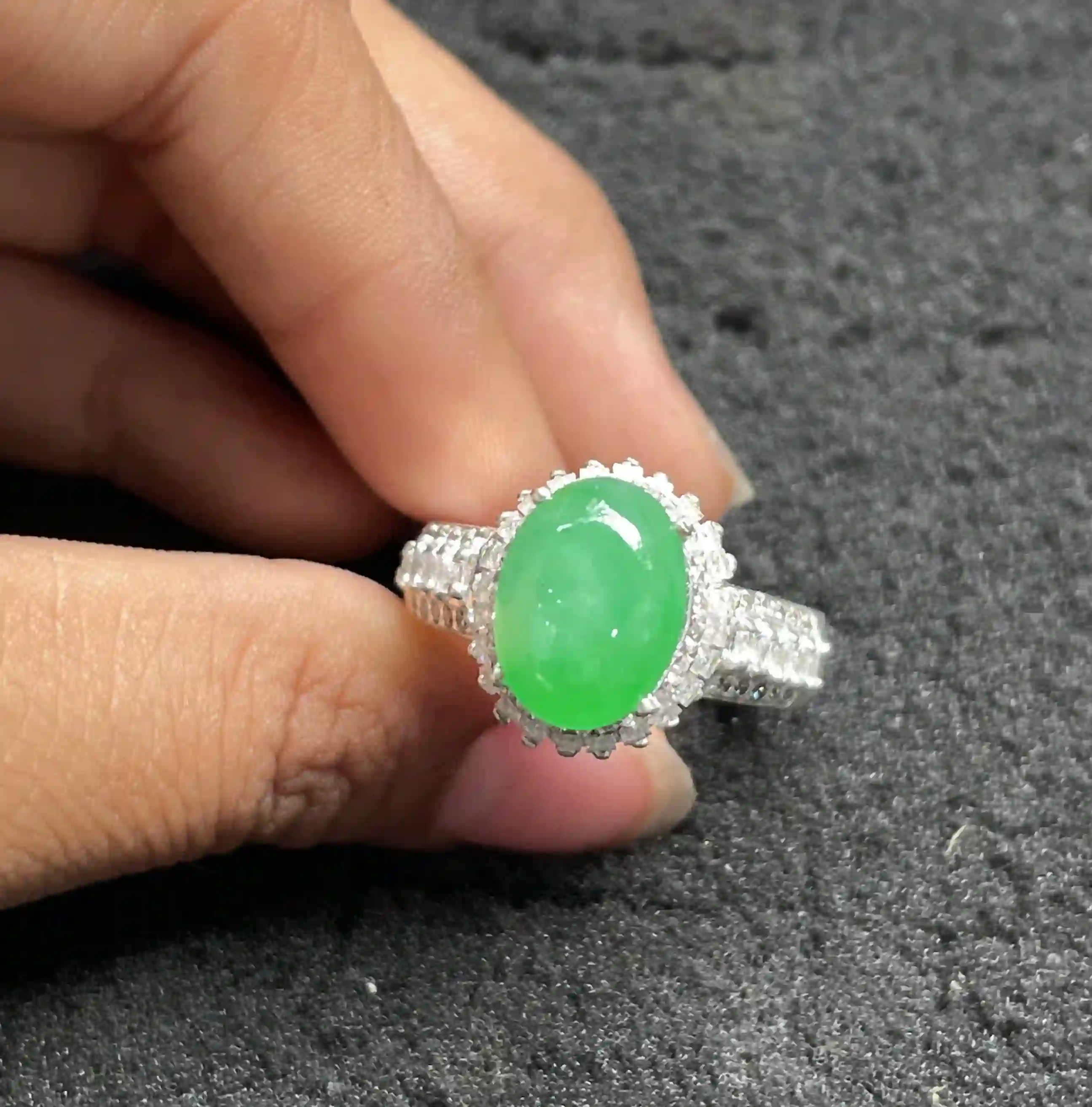 Vivid Green Jade Cocktail Ring with Sparkling Accents | Myanmar Jadeite reference #600001