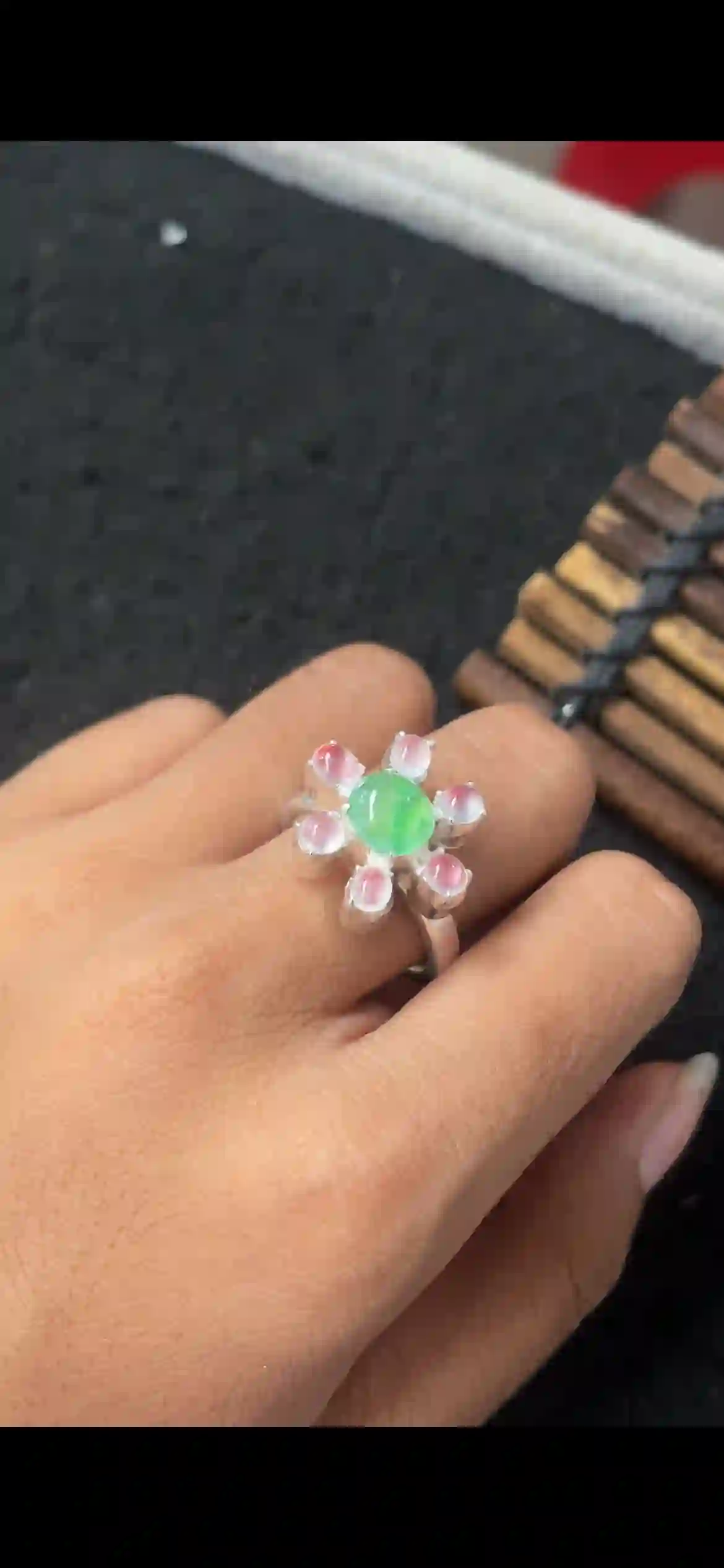 Floral Design Jade Ring with Icy Green Center & Pink-White Accents, Sterling Silver Setting | Myanmar Jadeite reference #5730001