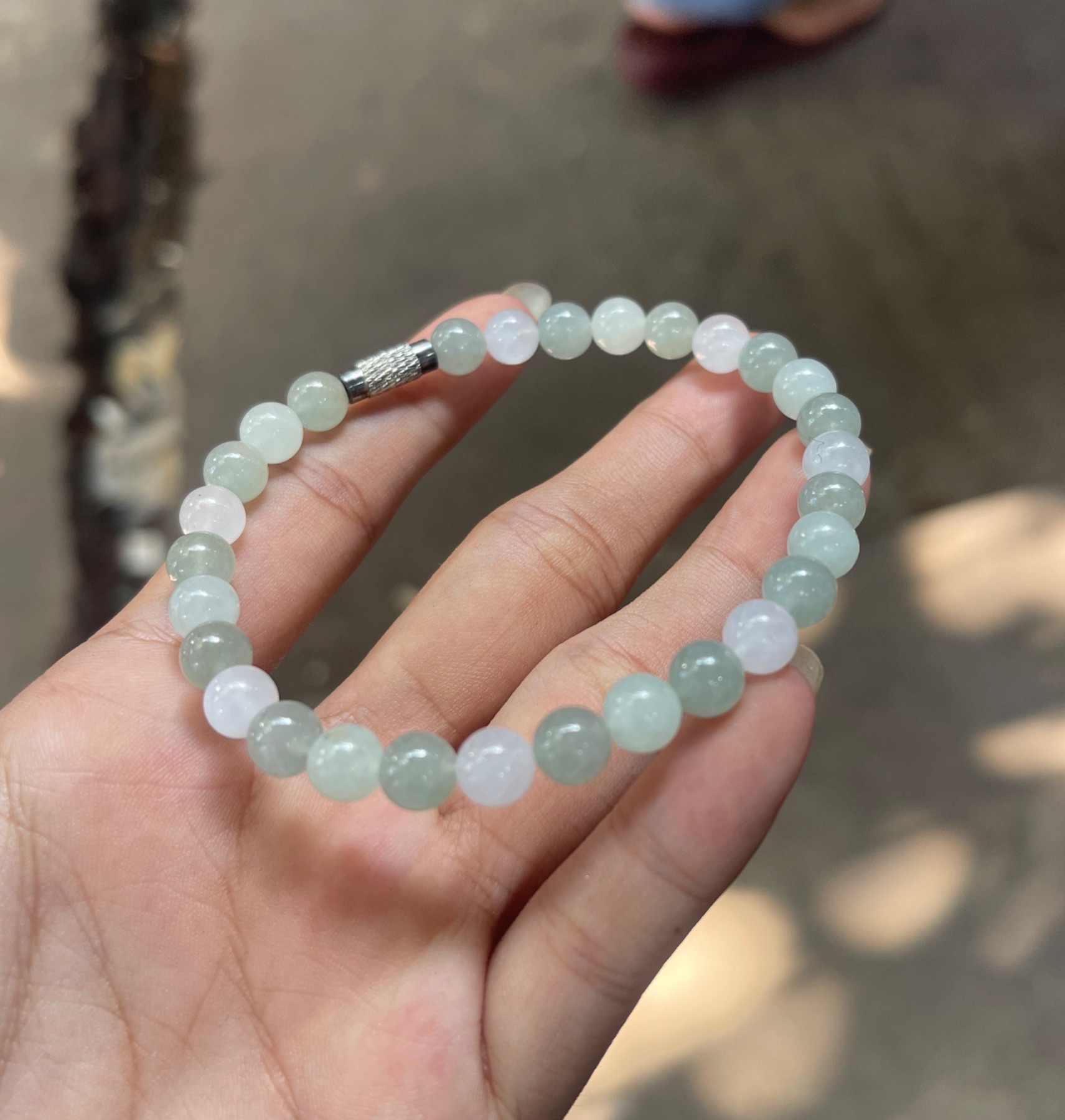 Natural Ice Variety Light Mint Green & Lavender-White Jadeite Bead Bracelet with Silver Accent | Myanmar Jadeite reference #38310001