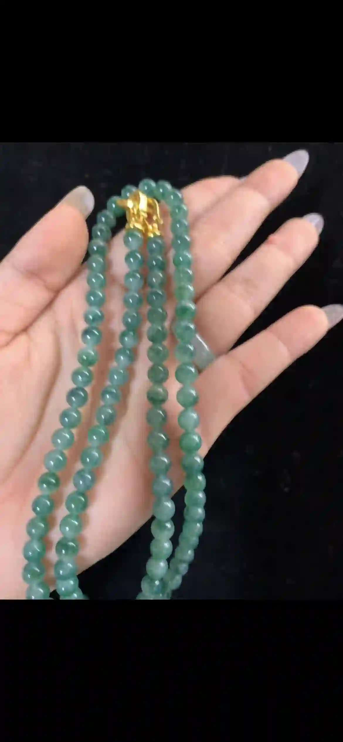 Icy Deep Green Floating Jadeite Beaded Necklace — 22K Gold Dragon Clasp | Myanmar Jadeite reference #30300001