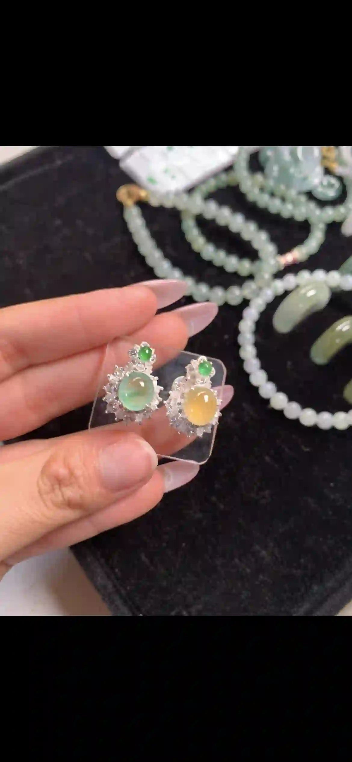 Bi‑Color Green & Honey Yellow Jadeite Halo Stud Earrings, view 2 | Myanmar Jadeite reference #11310001