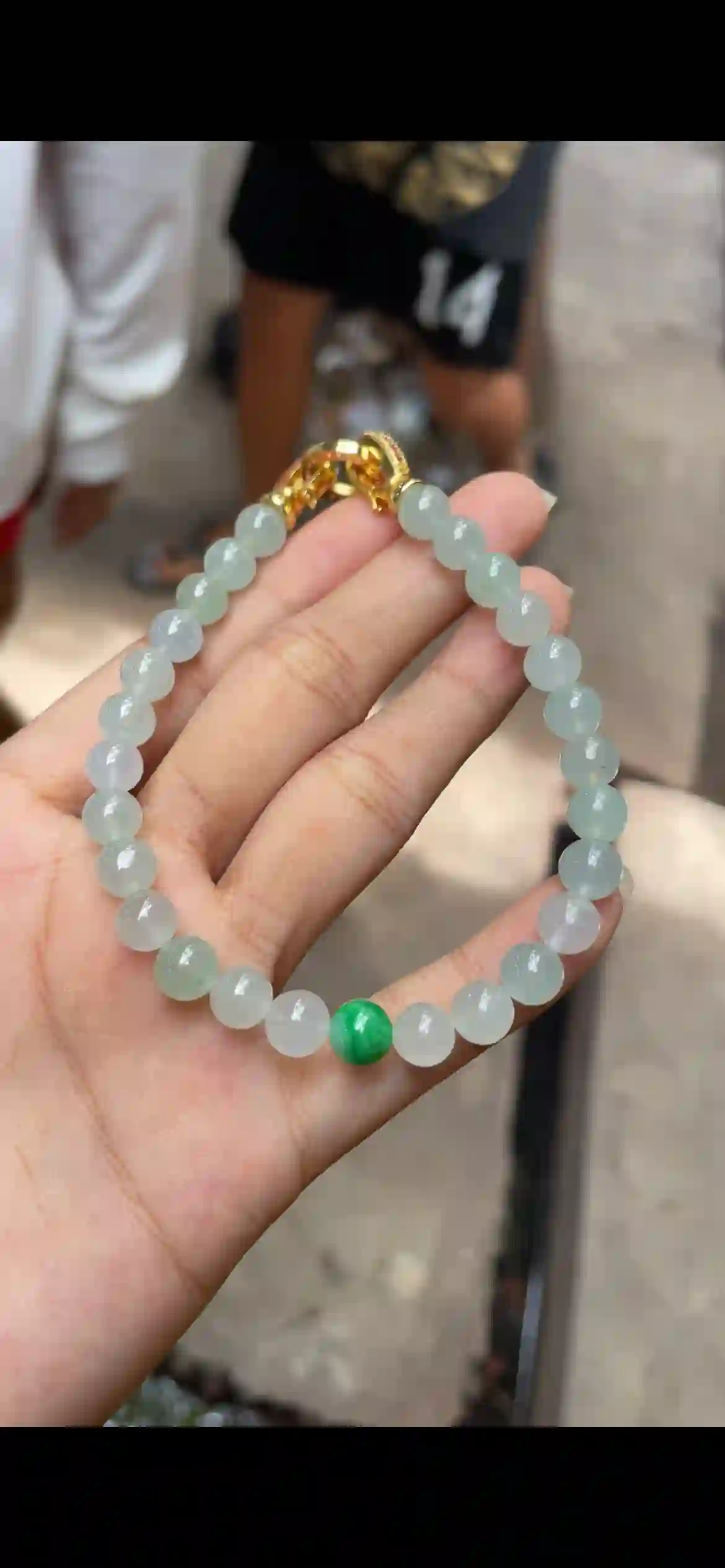  Icy Pale Celadon Jadeite Bracelet with Bright Green Accent & Gold Clasp, view 2 | Myanmar Jadeite reference #9720001