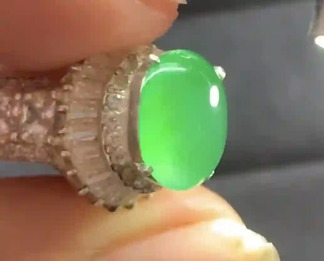 Vivid Green Cabochon Gemstone Ring with Textured Metal Band, view 2 | Myanmar Jadeite reference #180001
