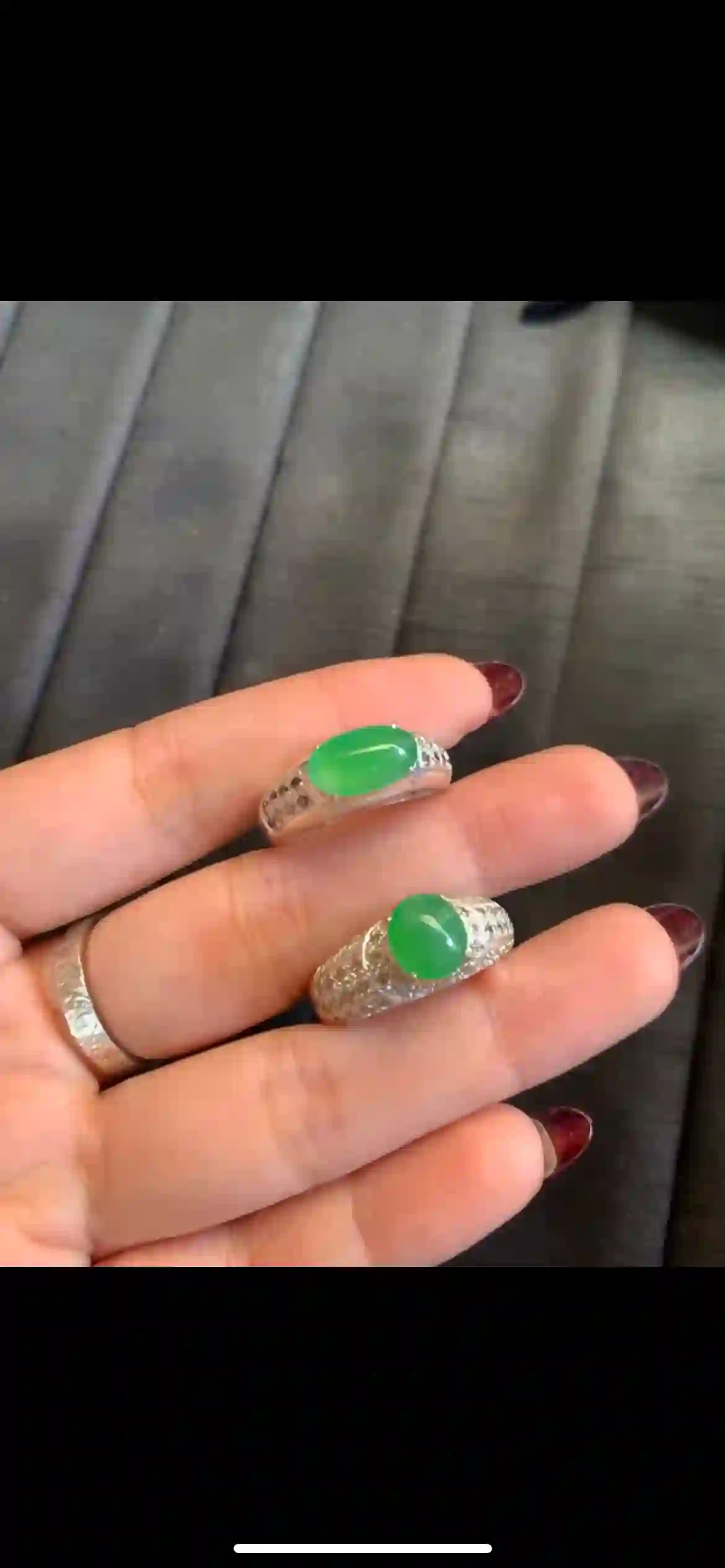  Pair of Natural Icy Green Jadeite Cabochon Rings with Diamond Accents | Myanmar Jadeite reference #6750001