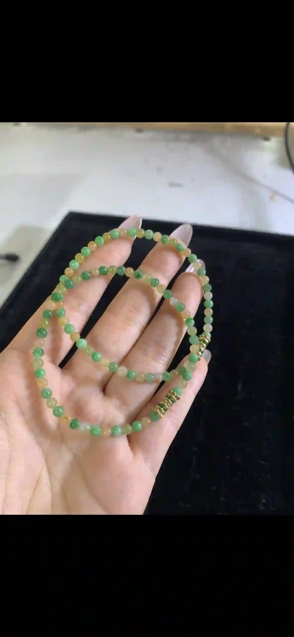 Gradient Green & Golden Jade Bead Double-Wrap Bracelet with Gold Accent | Myanmar Jadeite reference #27810001