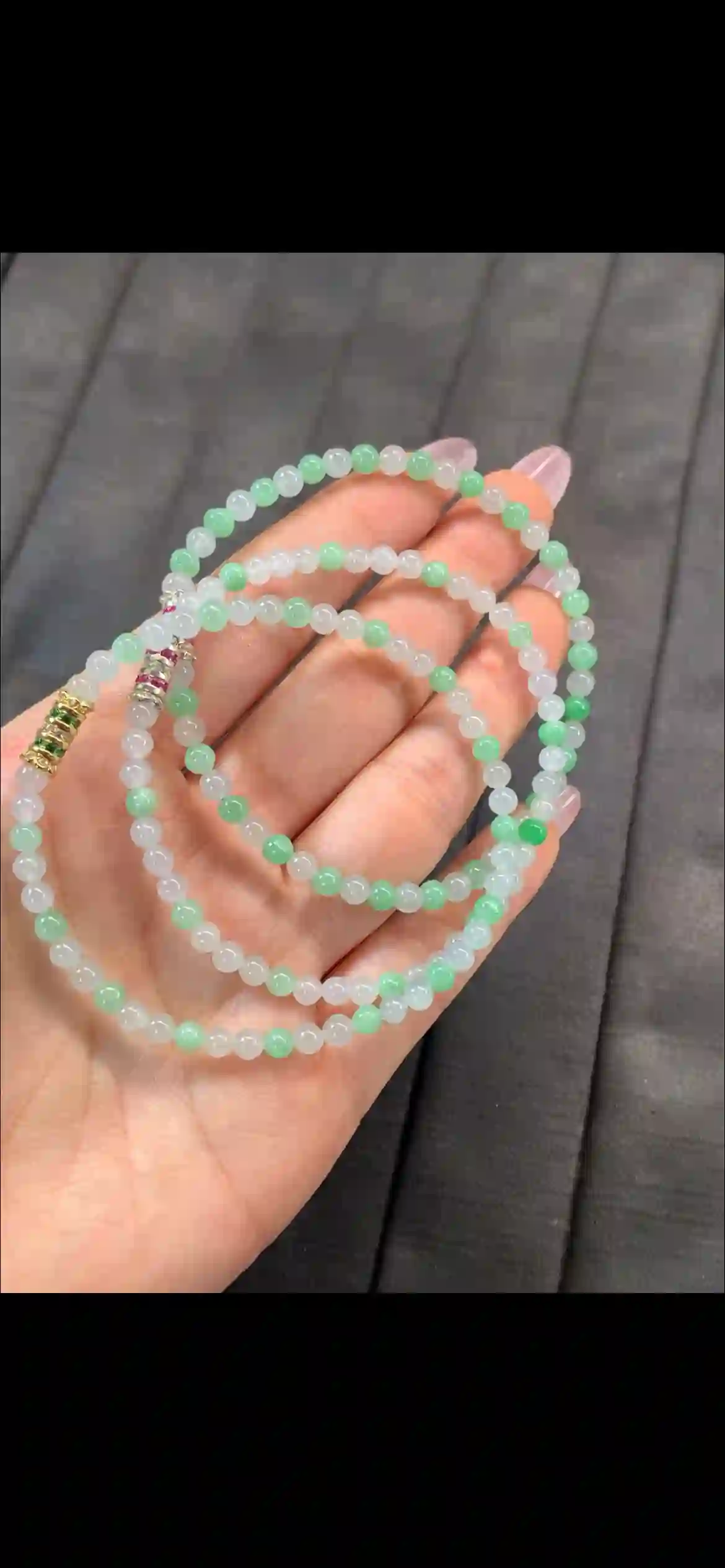 Icy White & Apple Green Jadeite Beaded Necklace, view 2 | Myanmar Jadeite reference #10470001