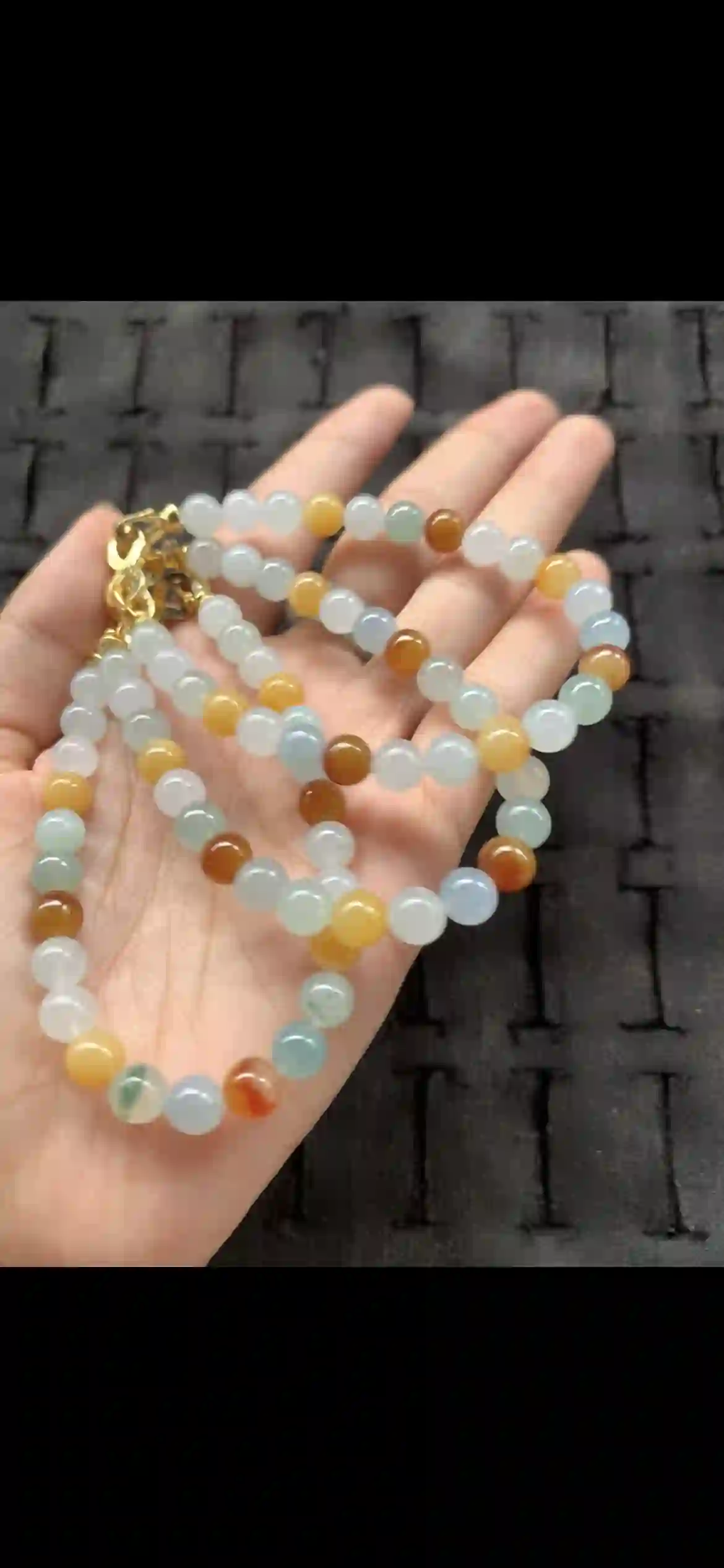 Natural Multicolored Jadeite Bead Necklace with Gold‑Tone Clasp, view 2 | Myanmar Jadeite reference #24690001