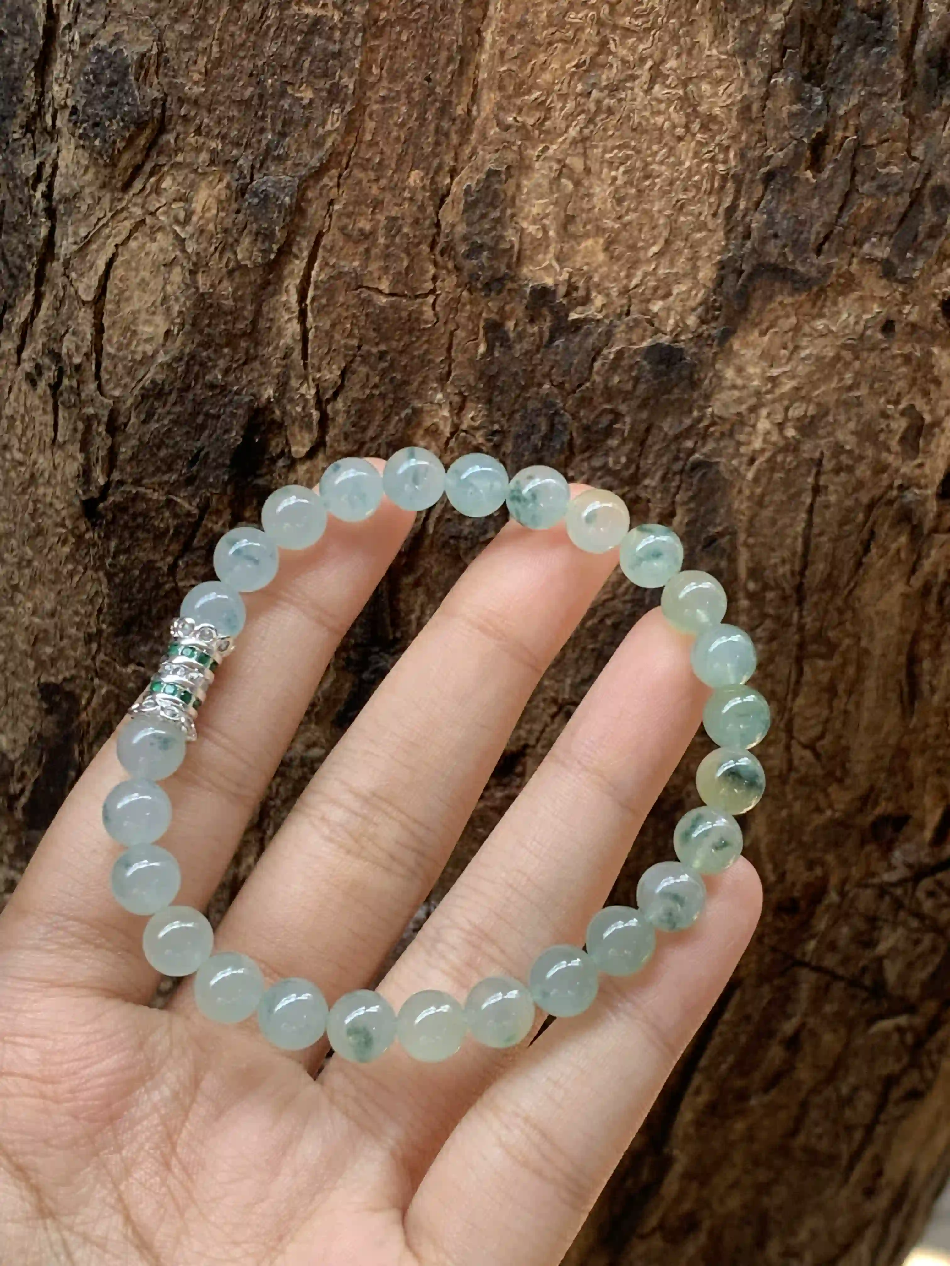 Icy Blue Water Jadeite Bead Bracelet with Floating Flowers | Myanmar Jadeite reference #2190005