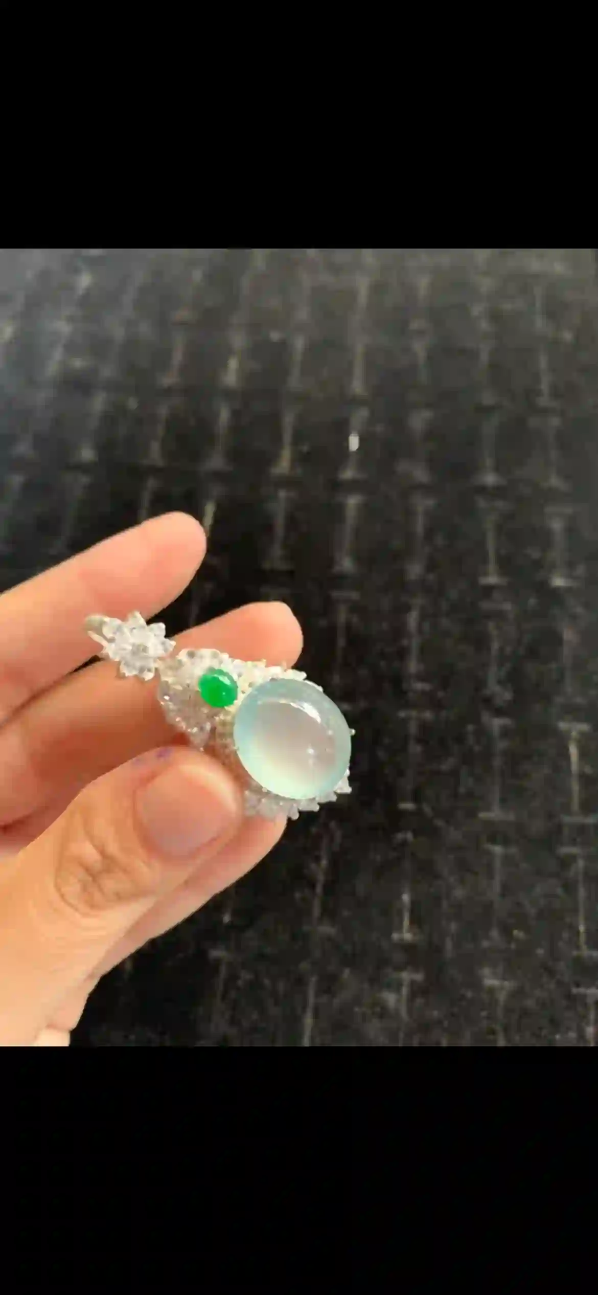 High-Icy Pale Blue-Green Jadeite Cabochon Pendant with Diamond Halo & Emerald Accent | Myanmar Jadeite reference #20160001