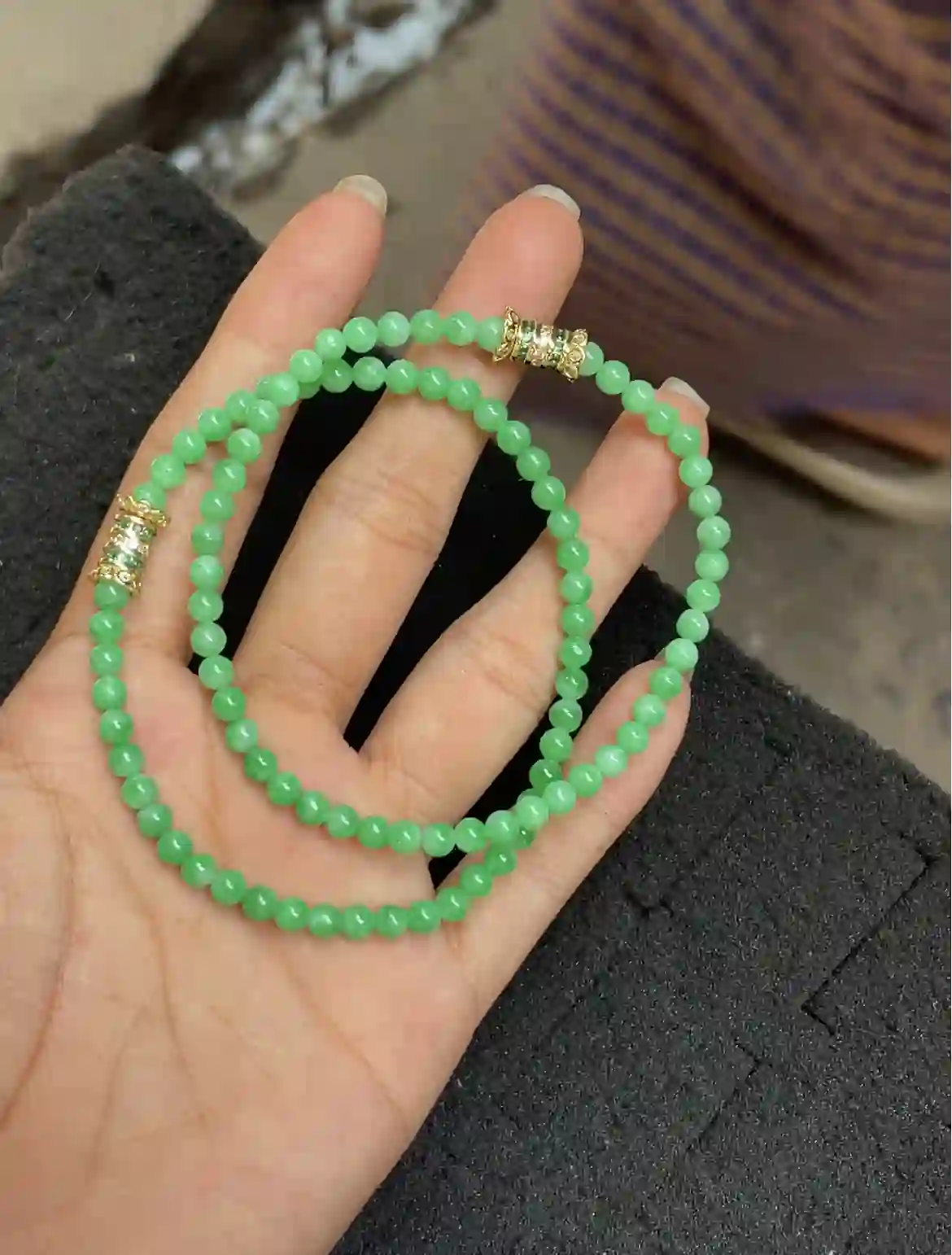 Vibrant Green Jadeite Double-Layer Beaded Bracelet with Gold Plated Inlaid Accents, view 2 | Myanmar Jadeite reference #3930001